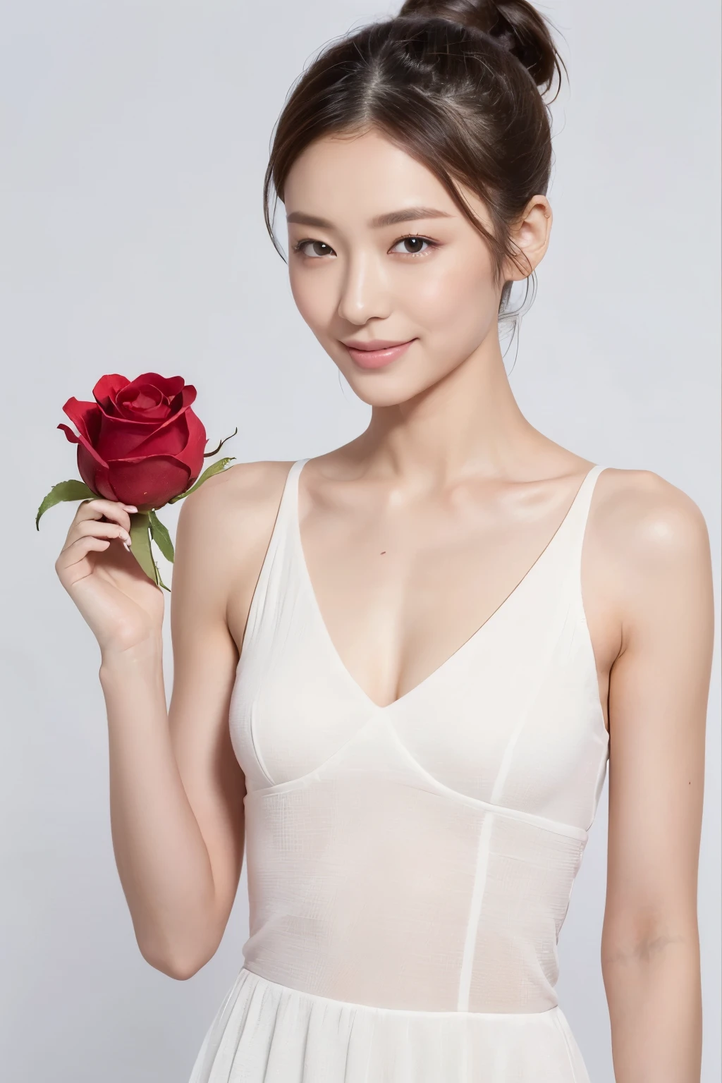 ((best quality, 10, Masterpiece: 1.3)),1 girl, Beauty Slim Abs: 1.Ponytail hairstyle, small breasts: 1.2), set: 1.1, ((holding  a rose )), delicate eyes, Double eyelids, smile,(((white background))),(((red dress)))