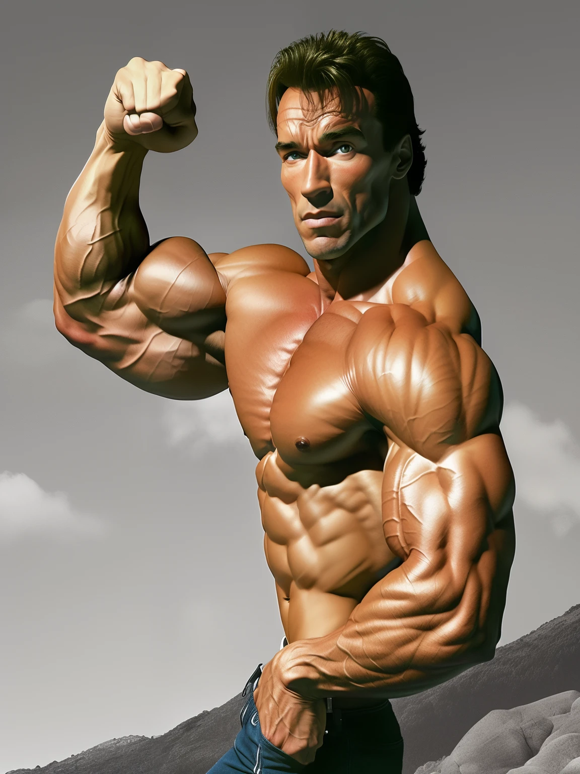 chiseled man with muscular body and arms up, Arnold, Arnold 3, Arnold Schwarzenegger, Schwarzenegger, big biceps, musculoso, big muscles, muito bonito. big muscles, big muscles, big muscle, exaggerated physique, big arms, exaggerated muscular physique, Arnold render, huge muscles, huge muscles, proportionally enormous arms