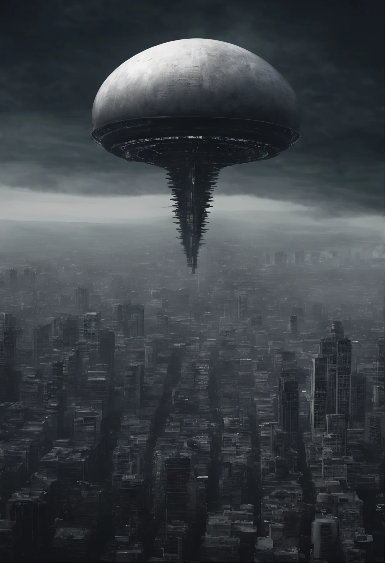 A flying giant round flat white alien spaceship with a diameter of several hundred of kilometers, hovering vertically at an altitude of 1 kilometer above big city, (Best Quality, 16K, Masterpiece, Ultra HD:1.3, Huge detail, hyper realistic, epic scale, insane level of details)