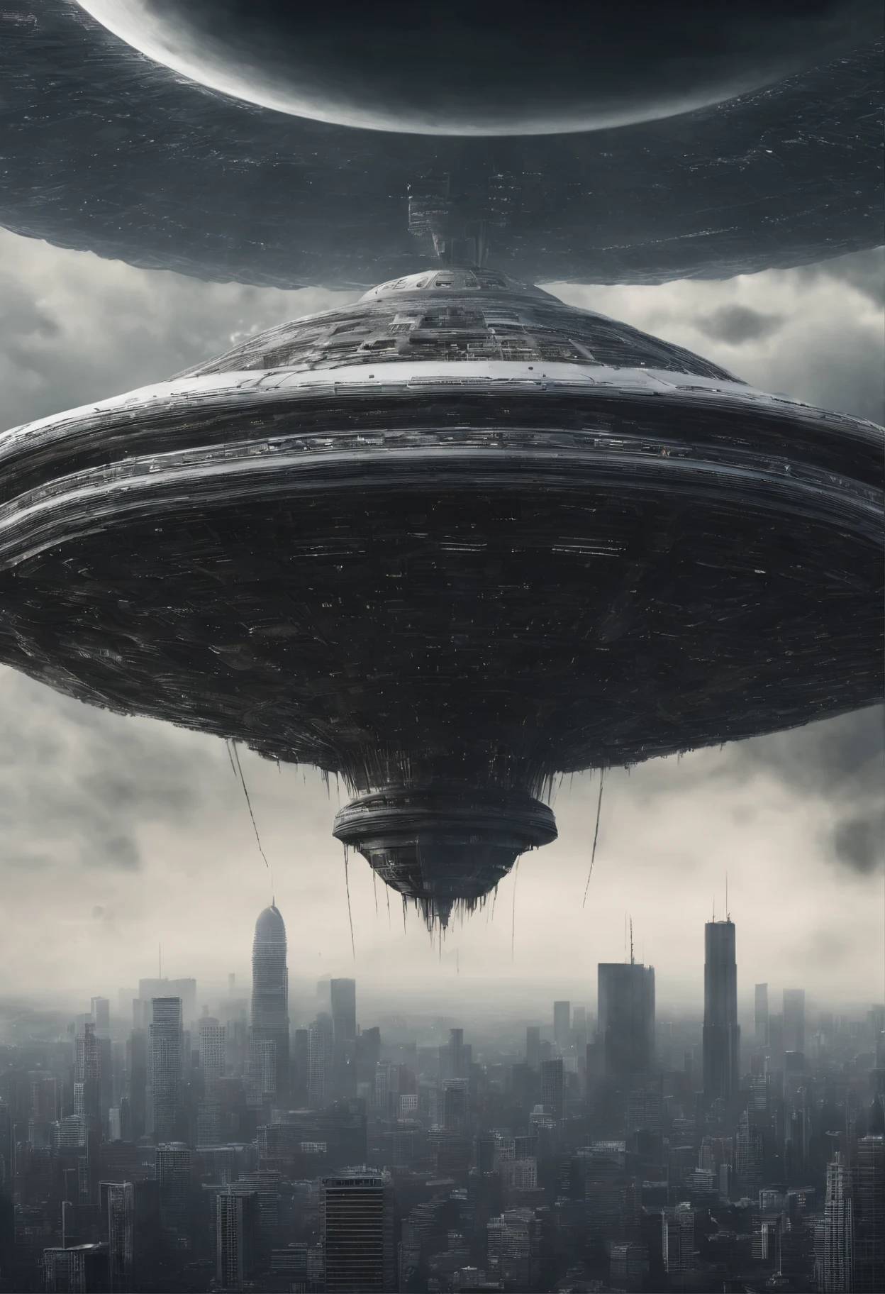A flying giant round flat white alien spaceship with a diameter of several hundred of kilometers, hovering vertically at an altitude of 1 kilometer above big city, (Best Quality, 16K, Masterpiece, Ultra HD:1.3, Huge detail, hyper realistic, epic scale, insane level of details)