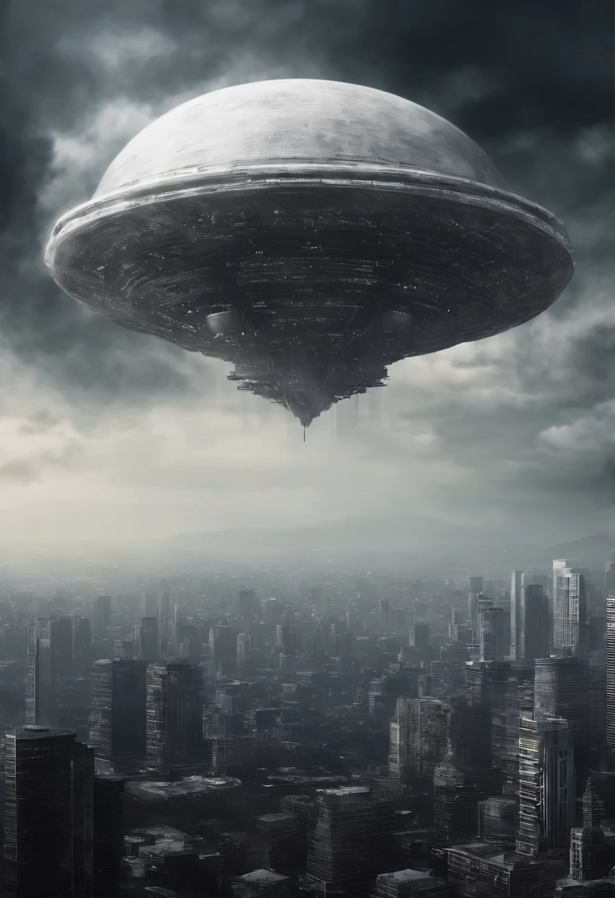A flying giant white discoid alien mothership with a huge diameter, hovering at an altitude of 1 kilometer above big city, interstellar, spaceship, (Best Quality, 16K, Masterpiece, Ultra HD:1.3, Huge detail, hyper realistic, epic scale, insane level of details)