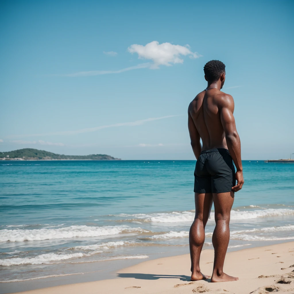 man standing, on beach, sexy black man, from the back, man, skinny, alone, 25 years old, bubble butt, big toned ass, tight swim trunks, alone, scenic beach landscape