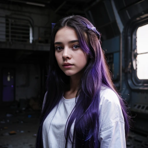 Young girl, long hair, scifi world, after apocalypse, purple, blue, white