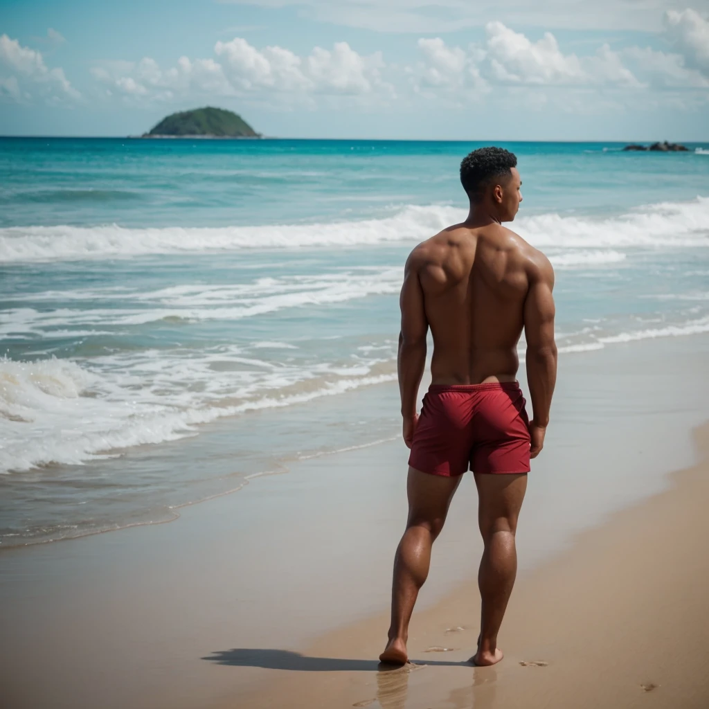 man standing alone on beach, handsome sexy blasian, from the back, man, big booty, skinny, alone, about 25 years old, bubble butt, big toned ass, tight swim trunks, muscle shirt, alone, scenic beach landscape