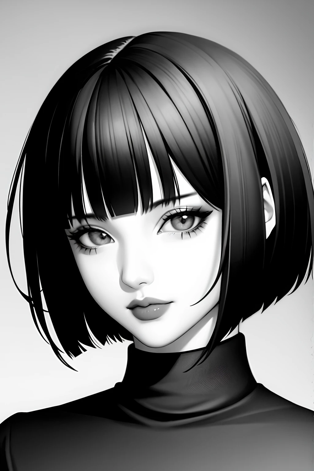 1girl, solo, monochrome, greyscale, bob cut, short hair, portrait, turtleneck, closed mouth, bangs, looking at viewer, blunt bangs, sketch, graphite \(medium\), lips, hatching \(texture\)