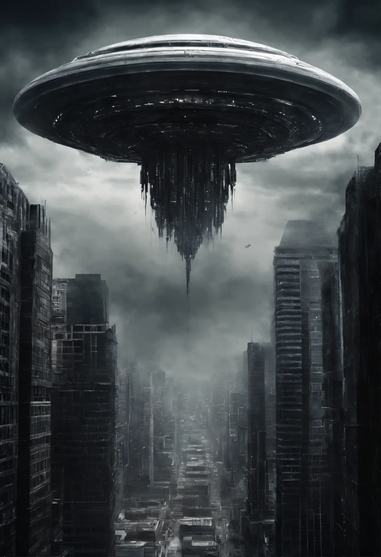 A photo-realistic capturing of the flying giant white discoid alien mothership with a huge diameter, hovering at an altitude of 1 kilometer above big city, interstellar, spaceship, (Best Quality, 16K, Masterpiece, Ultra HD:1.3, Huge detail, hyper realistic, epic scale, insane level of details)
