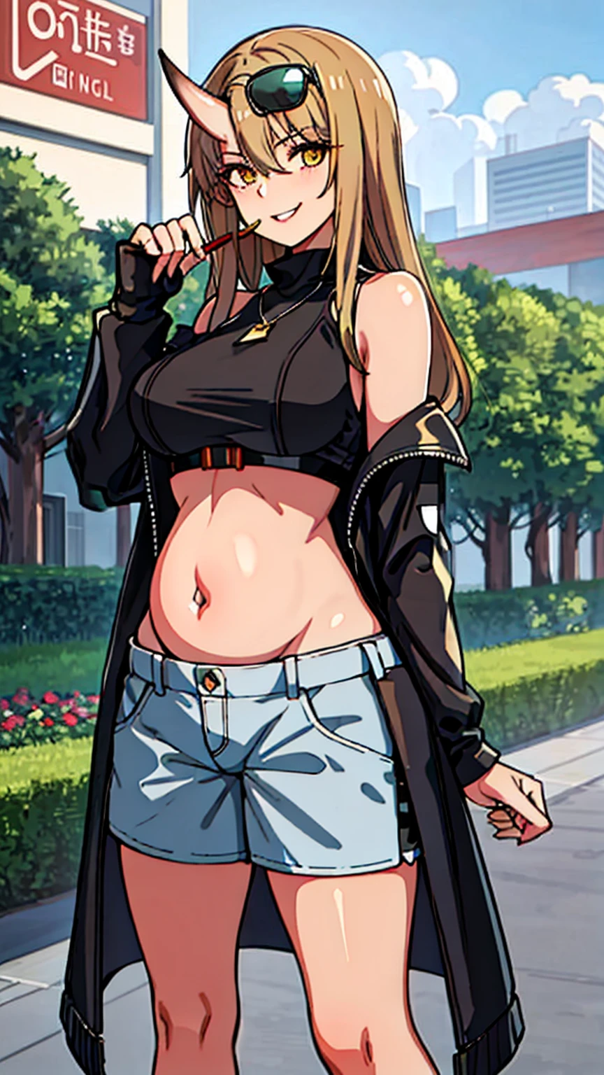 (masterpiece: 1.6, best quality), (beautiful eyes: 1.2), (Elevated), high quality, pretty face, 1 girl, Wide-angle lens, white crop top, leather shorts, oversized leather jacket, open shoulders, big , long hair, wide hips, (garden), street, background, 详细background, creepy smile, angled laughter, smokes, sunglasses，pregnant belly，pregnant belly，oni horn