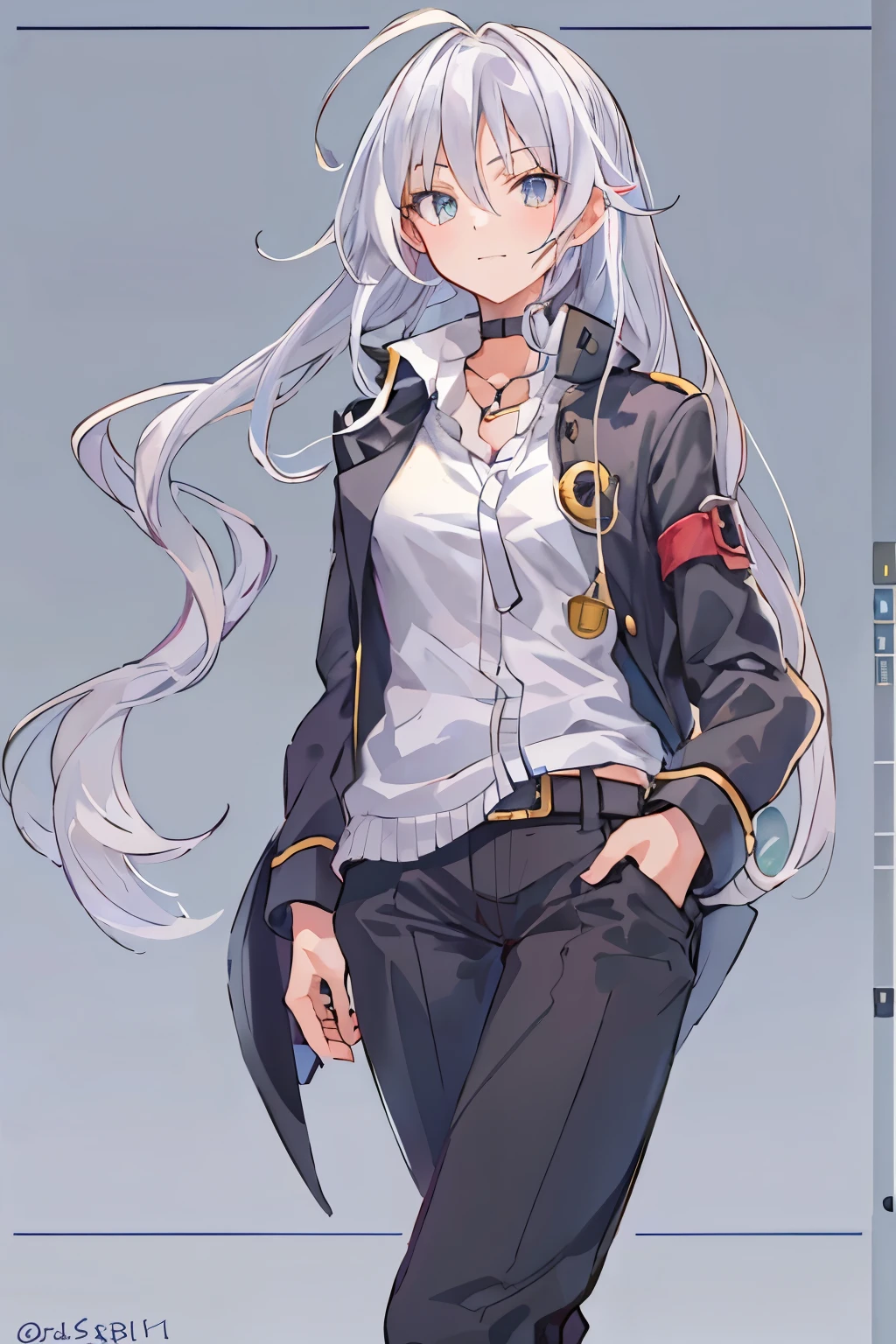 1girl, {alone}, Upper body ,{{ {looking for at viewer}}},{{{Golden pupil}}}, arm at side, concept art, white returnground, simple returnground, gray hair, Silver Gradient Hair , Goldeye,complex cloth, Asymmetrical clothing, Virtual YouTuber, highest quality, masterpiece, dynamic angle, disgaea style, disgaea style, disgaea style, From above, leaning forward, high ponytail, cowboy_shot, looking for_return, grab, girl,woman,woman, young,20-year-old, very long hair, flipped hair, silver hair, flowing hair, Ahoge, grin, beautiful and delicate golden eyes, teeth, Moderate_chest, blond eyes, grey Clothes, gray coat, white shirt, black pants, open jacket, black clothes,transparent_returnground, returnlighting, disorganized, High resolution, Super detailed,