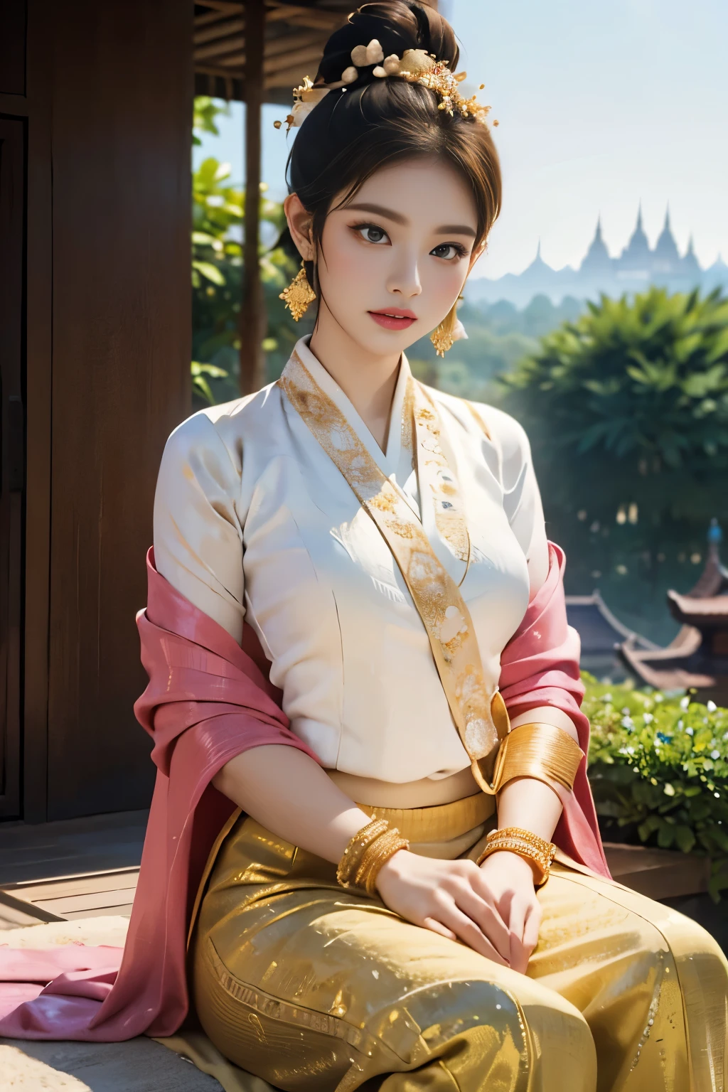 two beautiful young women of Tai Khun descent, adorned in a meticulously crafted Keng Tong Tai Khun traditional outfit, stands gracefully against the backdrop of the majestic Bagan temples. Their attire shimmers with intricate embroidery and gold accents, each element carefully chosen to reflect the rich cultural heritage of her people.

Details:

Facial features: The women's faces are radiant and youthful, with delicate features and captivating eyes that sparkle with warmth and intelligence. Her hair is styled in a messy bun adorned with fresh flowers and secured with a gold pin, adding a touch of elegance and whimsy.
Traditional outfit: The Keng Tong Tai Khun outfit is a top tank style masterpiece of craftsmanship, featuring vibrant silks, intricate embroidery, and delicate gold embellishments. The long, flowing skirt cascades gracefully around her legs, while the fitted bodice accentuates her slender figure. A traditional headdress adds a regal touch to her ensemble.
Accessories: The women's beauty are further enhanced by a dazzling array of traditional jewelry. Bangle bracelets encircle her wrists, a statement necklace adorns their neck, and delicate earrings dangle from her ears. Each piece is intricately crafted and adds a touch of luxury to her overall look.
Bagan temples background: The ancient Bagan temples provide a breathtaking backdrop for the portrait. Their weathered brickwork and towering spires add a touch of grandeur and mystery to the scene. The warm hues of the sunrise or sunset bathe the temples in a golden glow, creating a truly magical atmosphere.