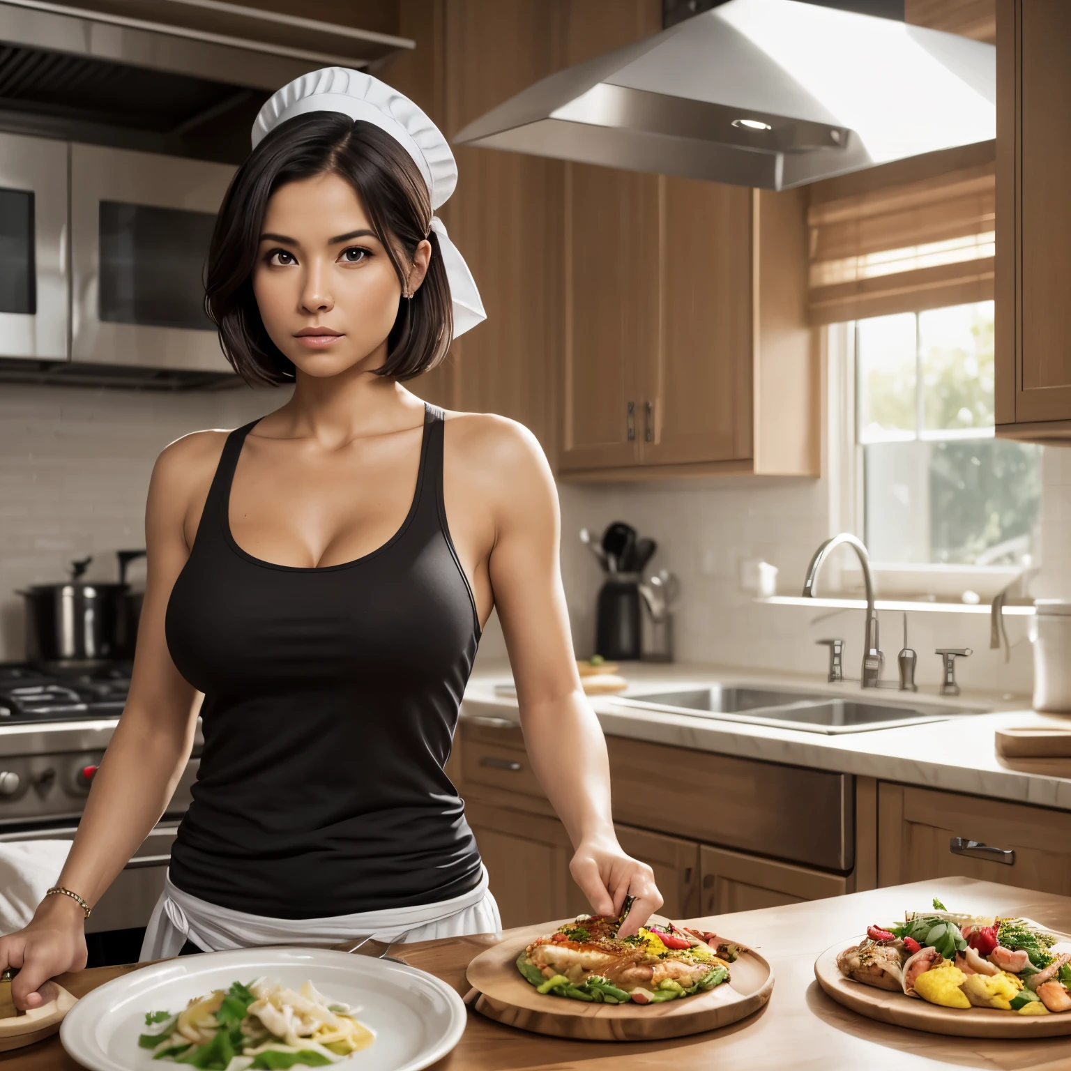 Isabel Merced, bob_cut hair, in the kitchen cooking food, chef's hat, concentrated, tank_top, (skin texture:1.1), (high detail face:1.1), full bodyshot, high detail body, high detail clothes, (big breasts:1.3),(masterpiece), (realistic), ultra high definition, 4k, ultra high resolution, film grain, cinematic lighting, rim lighting, photo by Arny Freytag, RAW image