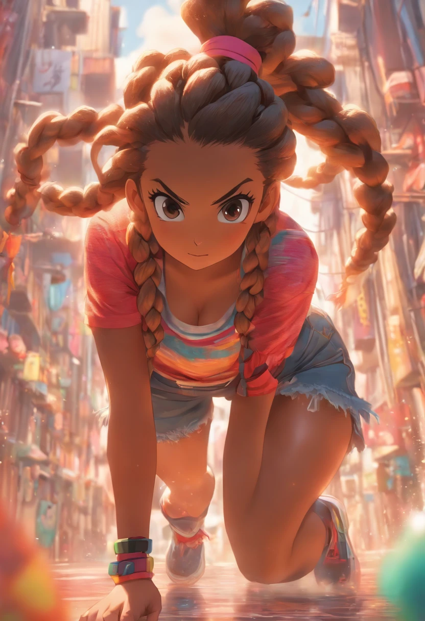 a bouncy and curvy American girl with a beautiful face, shoulder length dark hair with braids, curvas grossas, Curvilinear, grossas, coxas grossas, barriga clara e rechonchuda, rosto bonito, peituda, camiseta branca fina, inclinada, sedutora, leaning towards shorts looking at camera, vestindo uma camiseta justa, em sua casa, realista, detalhado, 4k -Estilo fantasia -tamanho 3:4