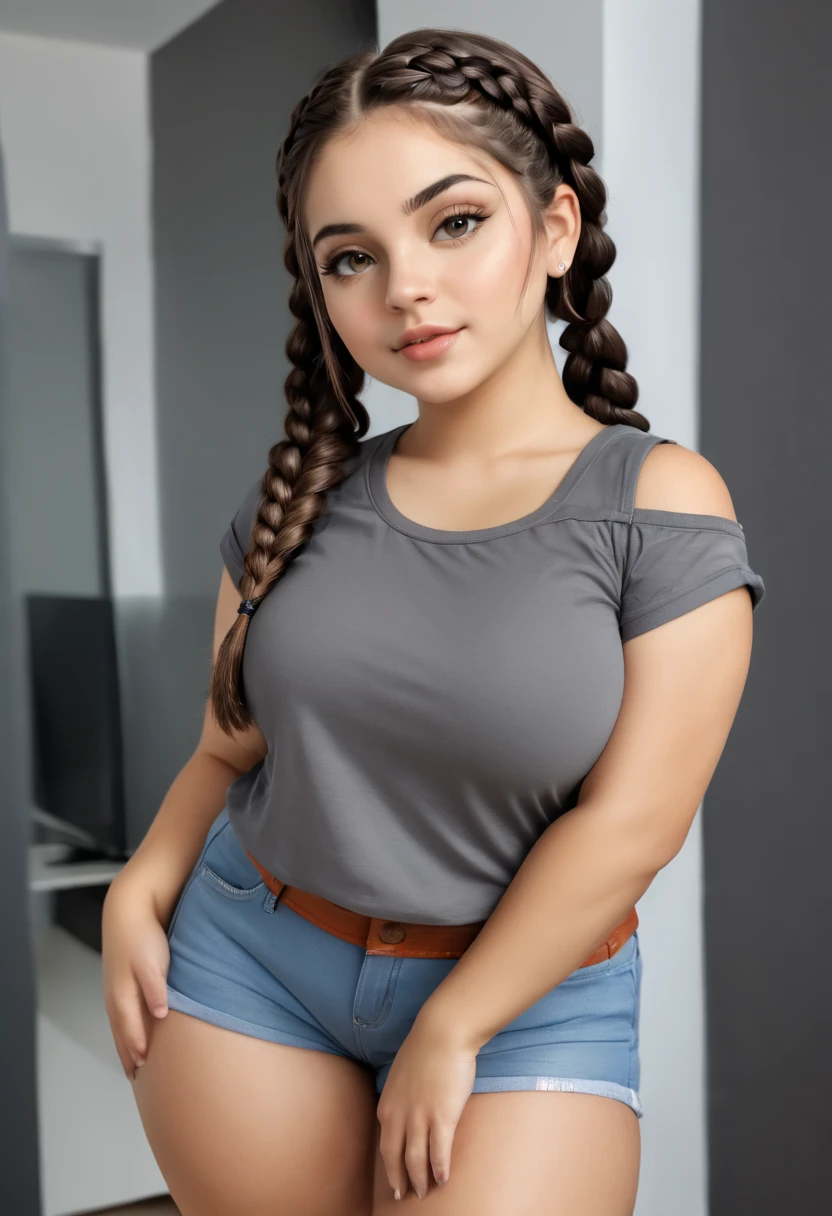    
 a bouncy and curvy American girl with a beautiful face, shoulder length dark hair with braids, curvas grossas, Curvilinear, grossas, coxas grossas, barriga clara e rechonchuda, rosto bonito, peituda, camiseta branca fina, inclinada, sedutora, leaning towards shorts looking at camera, vestindo uma camiseta justa, em sua casa, realista, detalhado, 4k -Estilo fantasia -tamanho 3:4
