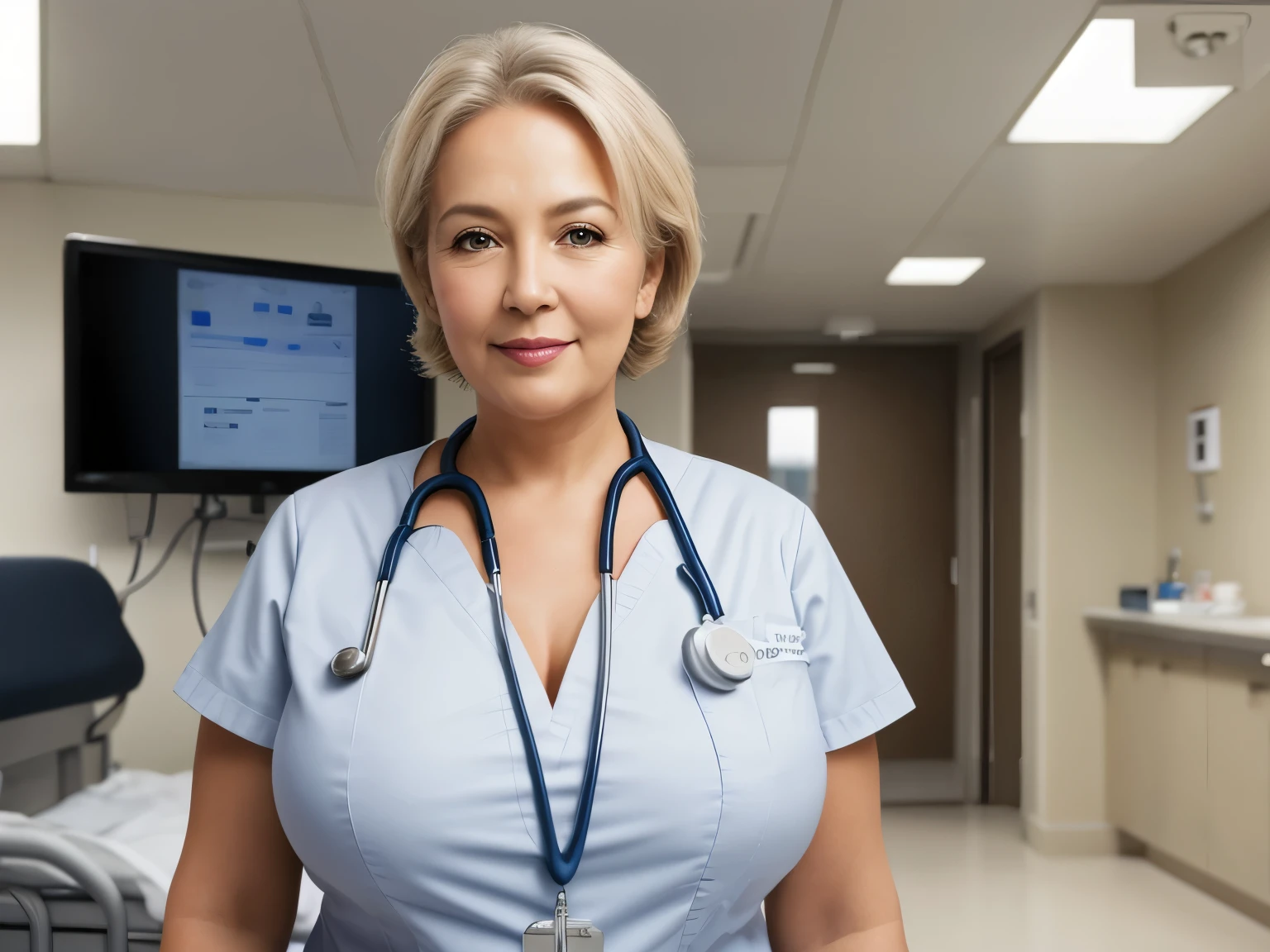 masterpiece, high quality, realistic skin texture, a 70 year old female nurse in a hospital, she has a full-figured plus-size figure with a special emphasis on her large bust (at least a size 4) and curved hips, blond hair closer to gray, blue eyes, looking at the camera, a slight smile  photorealistic, 8k, canon 5d

The background should depict a hospital room with various medicines