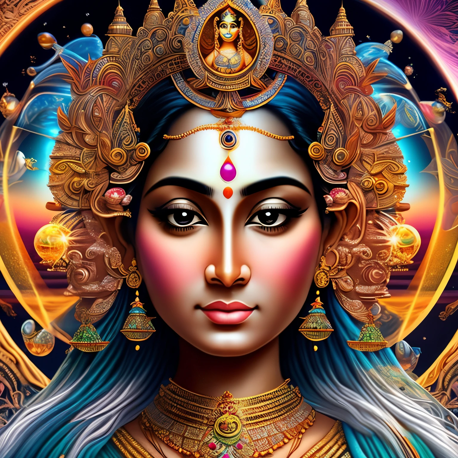 A Hindu goddess with a facial expression of wisdom looking forward and several transparent spheres rotating around her. Surreal and psychedelic illustration, experimental.