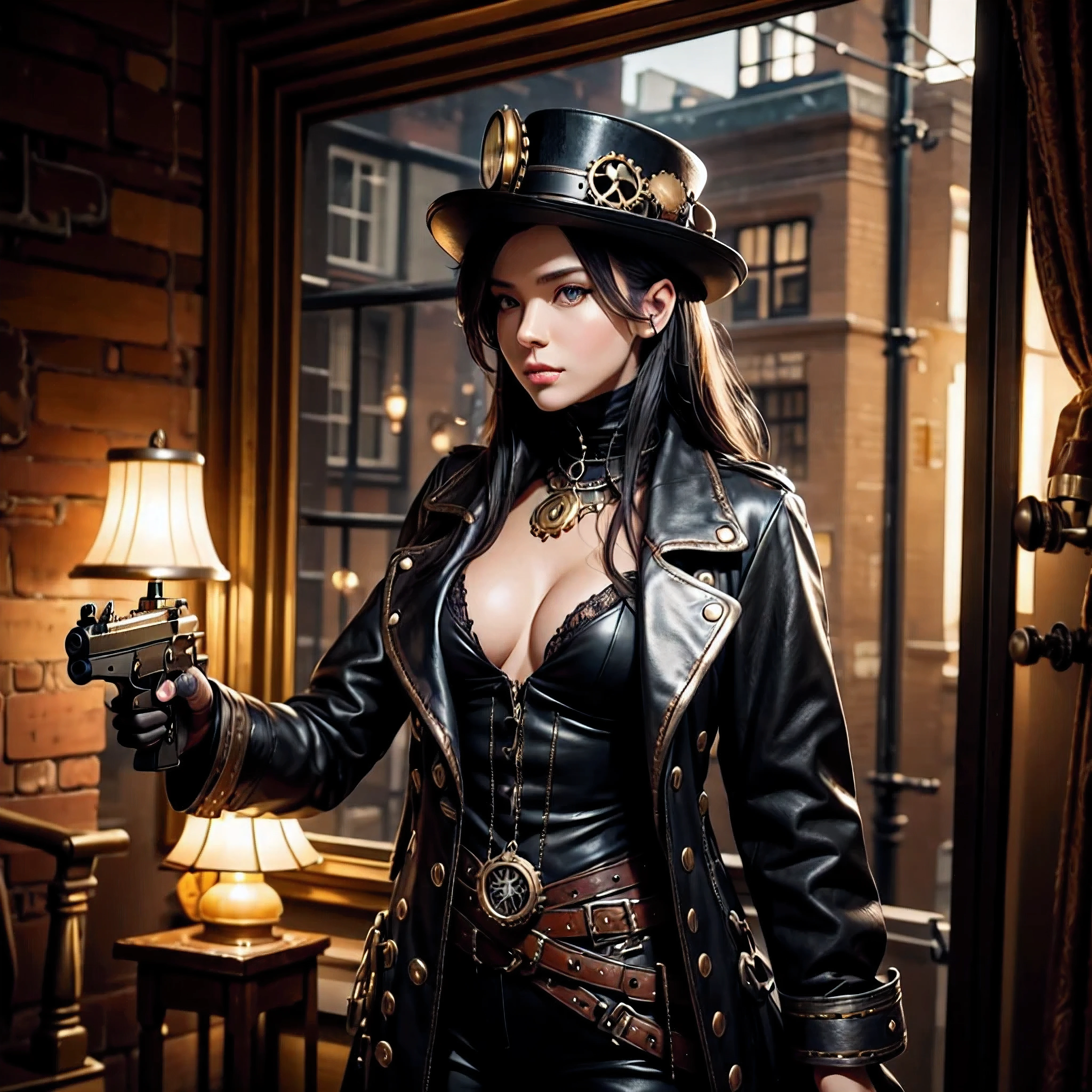 Retrato ultra realista  de uma linda mulher de olhos azuis, cabelo preto ondulado,  vestindo roupas steampunk sexy, naked, bare naked, tophat, Amsterdam, Capitol Holland, cartola de couro, goggles de ouro. A steampunk pistol in one hand, Front view,  corpo inteiro, colete e saia de couro, master part, ultradetalhado, Vista noturna de uma cidade steampunk