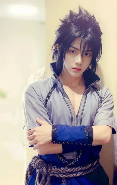 young man, pale skin, spiky black hair, black eyes, big lips, white clothes, muscular, Uchiha Sasuke, realistic, 3d, forest, sword