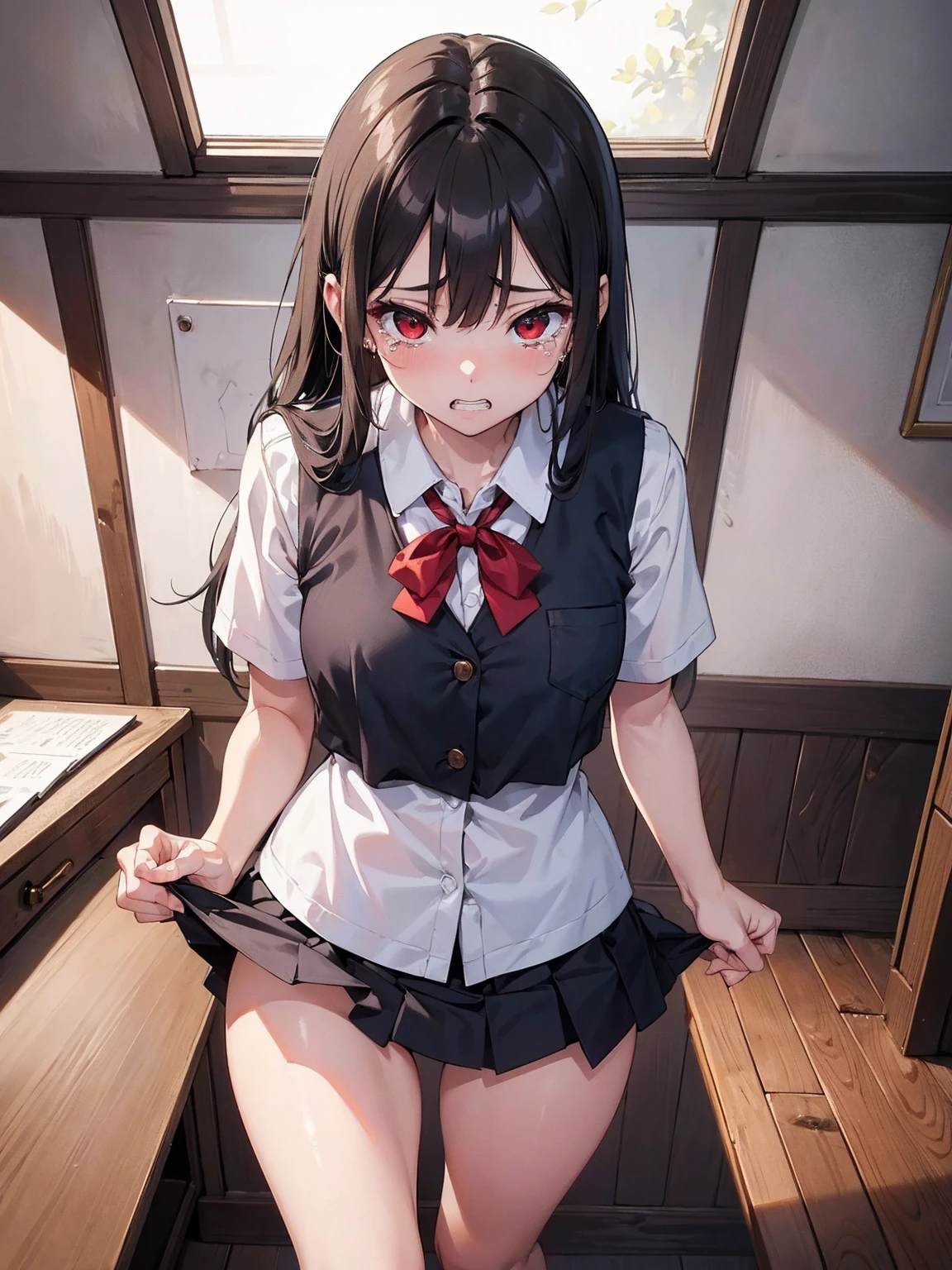 ( very detailed depiction, clear depiction, masterpiece, high resolution, high degree of perfection, Don't skimp on the details, perfect anatomy), 1 girl, cute face, detailed face, slender body, beautiful legs, semi-long hair,( red eyes, sparkling eyes, peel the whites of the eyes ),( Tears, grit your teeth:1.3), beautiful nose, ( high school girl uniform, No panties), being pushed down, spread regs, bedroom, ( insult situation, rape, be assaulted,vaginal sex, nsfw, pussy focus),