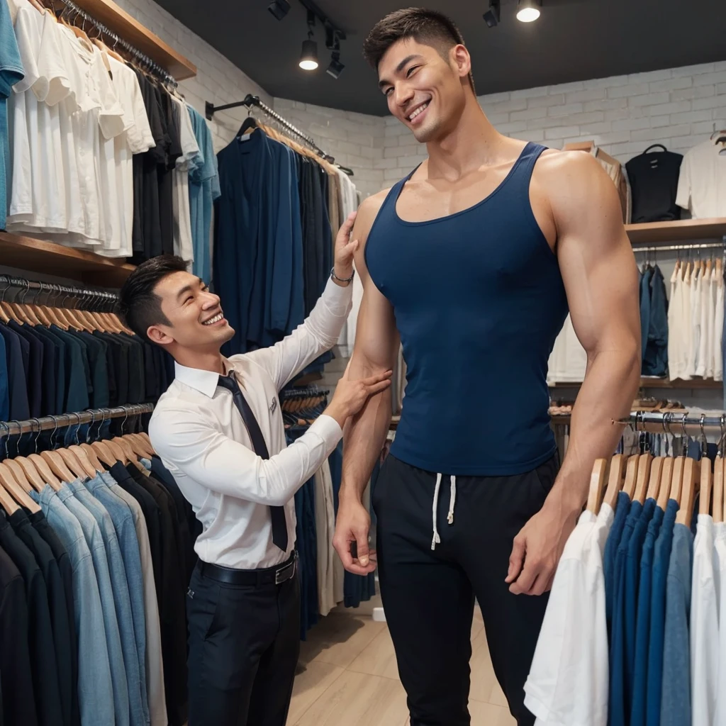 Extremely tall handsome asian guy smiling being fitted by short guy ((abs))