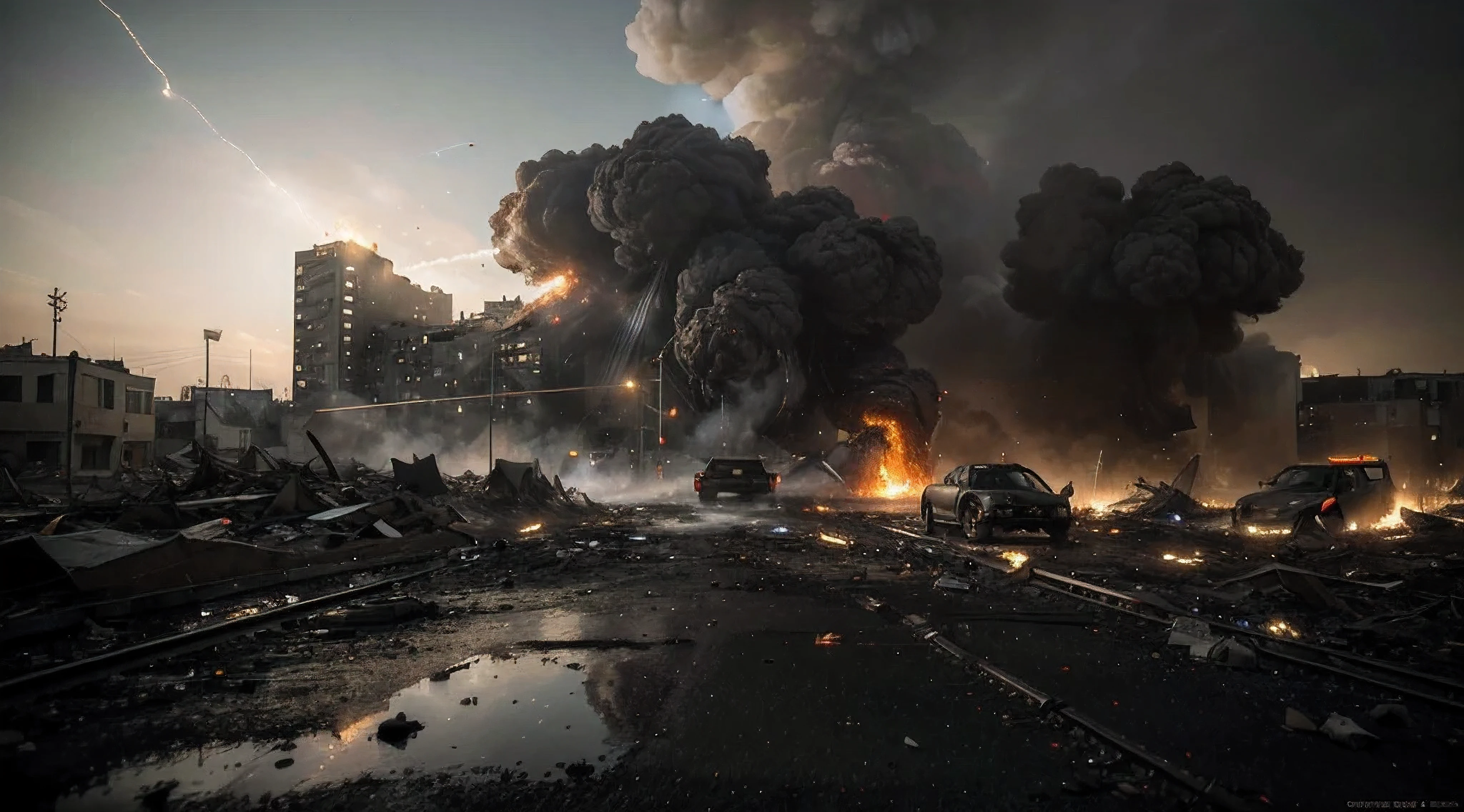 (Best quality, 8k, 32k, Masterpiece, UHD:1.2),bomb explosion in city with car --auto --s2