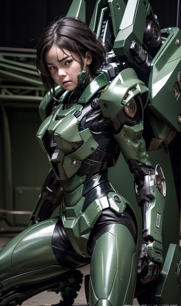 rough skin, Super detailed, advanced details, high quality, 最high quality, High resolution, 1080P, hard disk, beautiful,(War Machine),beautifulサイボーグの女性,Dark Green Mecha Cyborg Girl,In combat,Mecha body girl,、middle School girls　very short hair、sweaty brown eyes、sweaty face、expression of pain　blush　cute　black haired　((steam from head)) (Steam comes out of the whole body)Glasses　squat　spread your legs　M-shaped legs　(Shyness)