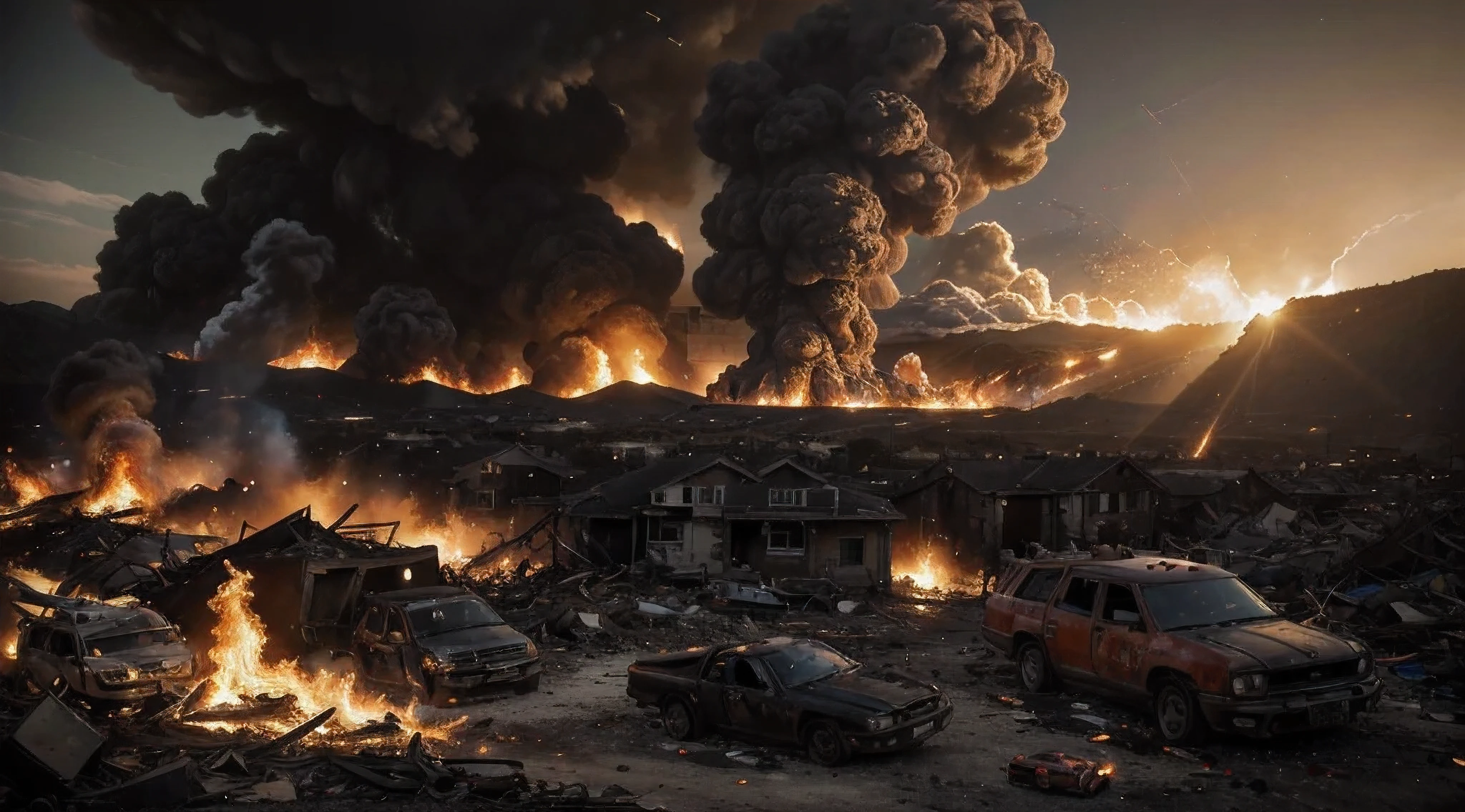 (melhor qualidade,4k,8k,high resolution,obra de arte:1.2),ultra-detalhado,(realista,photorealista,photo-realista:1.37),Guerra,explosions,jato de combate,bombardeios,devastation,Cidade rural,casas desabando,smoke and fire,burning buildings,evacuation,CAOS,Undoing,janelas quebradas,helicopters circulating,crateras no solo,air raid sirens blaring,chamas engolindo a paisagem,people running in panic,strong vibrations and tremors,ondas de choque,reinforcements arriving,twilight lighting,apocalyptic atmosphere,terra arrasada,detritos voando pelo ar,emergency vehicles rushing in,cenas intensamente iluminadas,thick black smoke,Rubble and debris,tochas iluminando a cena.