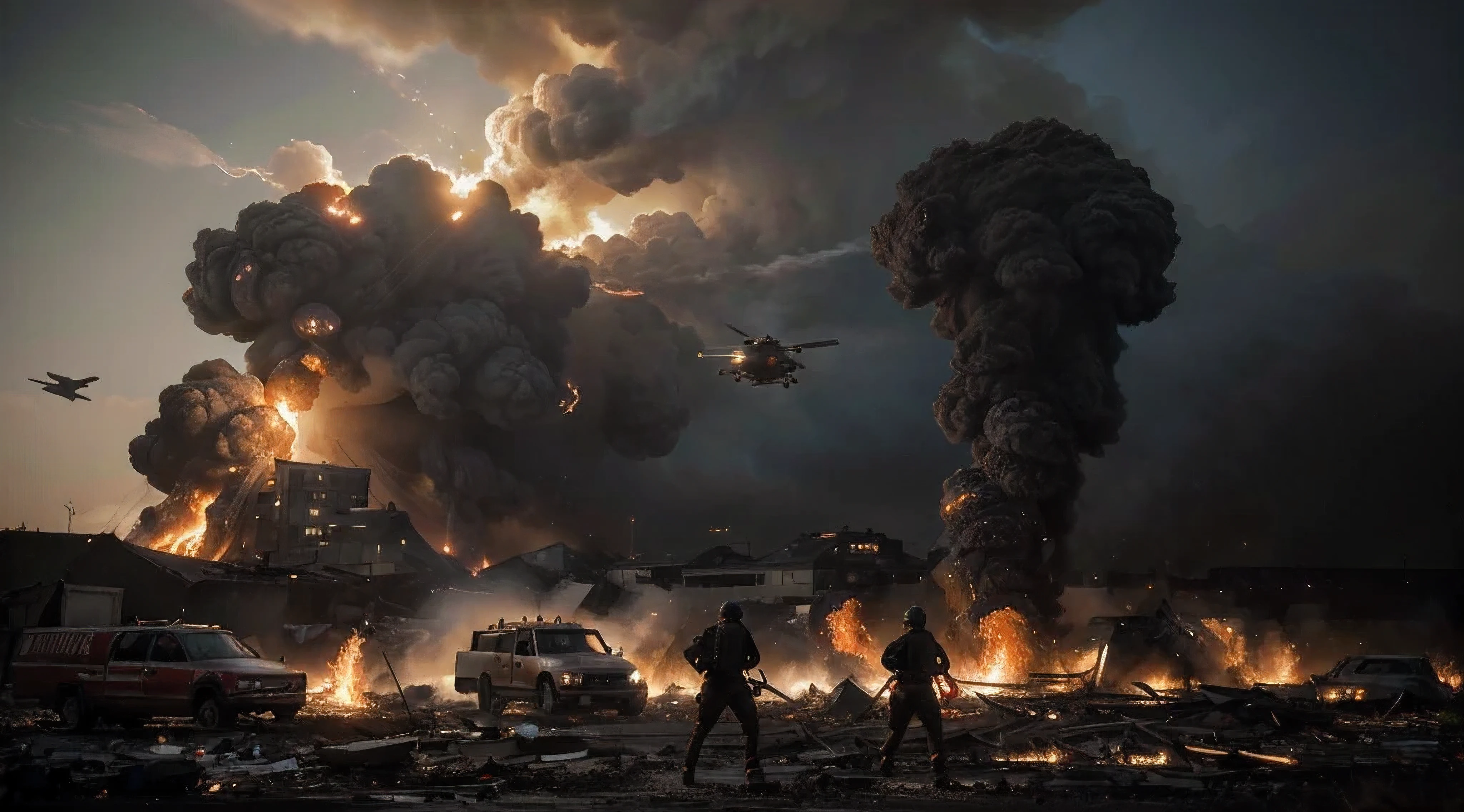 create a war scenario, with an army of plenty of soldiers, bombas, soldiers with weapons and a tense expression on their faces. the sky is dark and red with smoke from exploded bombs. The view of the image is from a top angle.