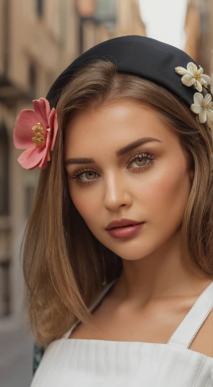 ((Best Quality, 8K, Masterpiece: 1.3)), (Flower Cap: 1.3), Focus: 1.2, Perfect Body Beauty: 1.4, (Layered Haircut: 1.2)), (Dark Street: 1.3), Highly Detailed Face and Skin Texture, Delicate Eyes, Double Eyelids, Whitened Skin, Long Hair, (Round Face: 1.5), (Loose Crop Top, Shorts: 1.6)