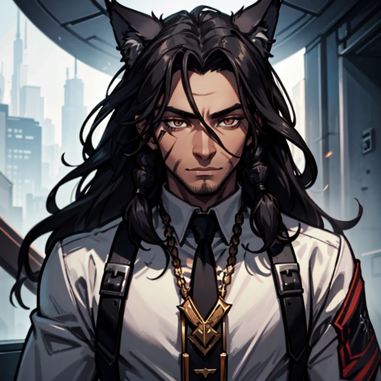A handsome man, his name is wolf he has dark beautiful skin, white eyes and black long hair with dreadlocks, has a scar in the eye and its missing an ear
