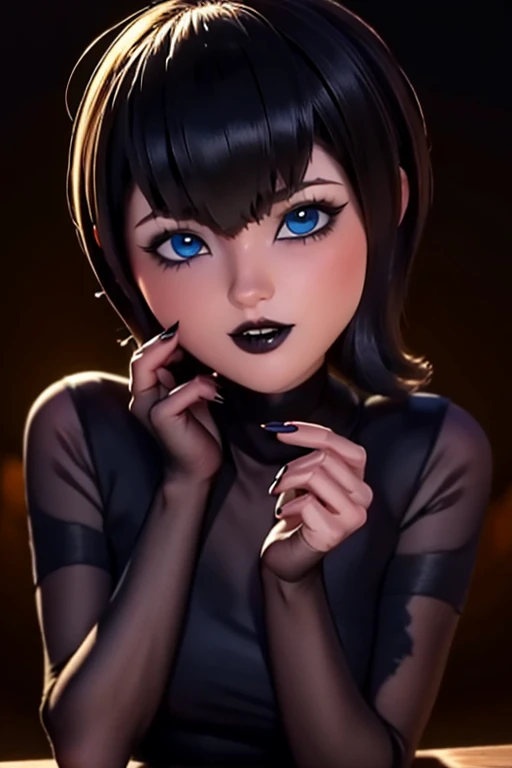 Mavis dracula gothic makeup short hair bob style thick voluminous lips perfect detailed blue eyes pale skin hands holding jaw long nails painted black polish perfect detailed 