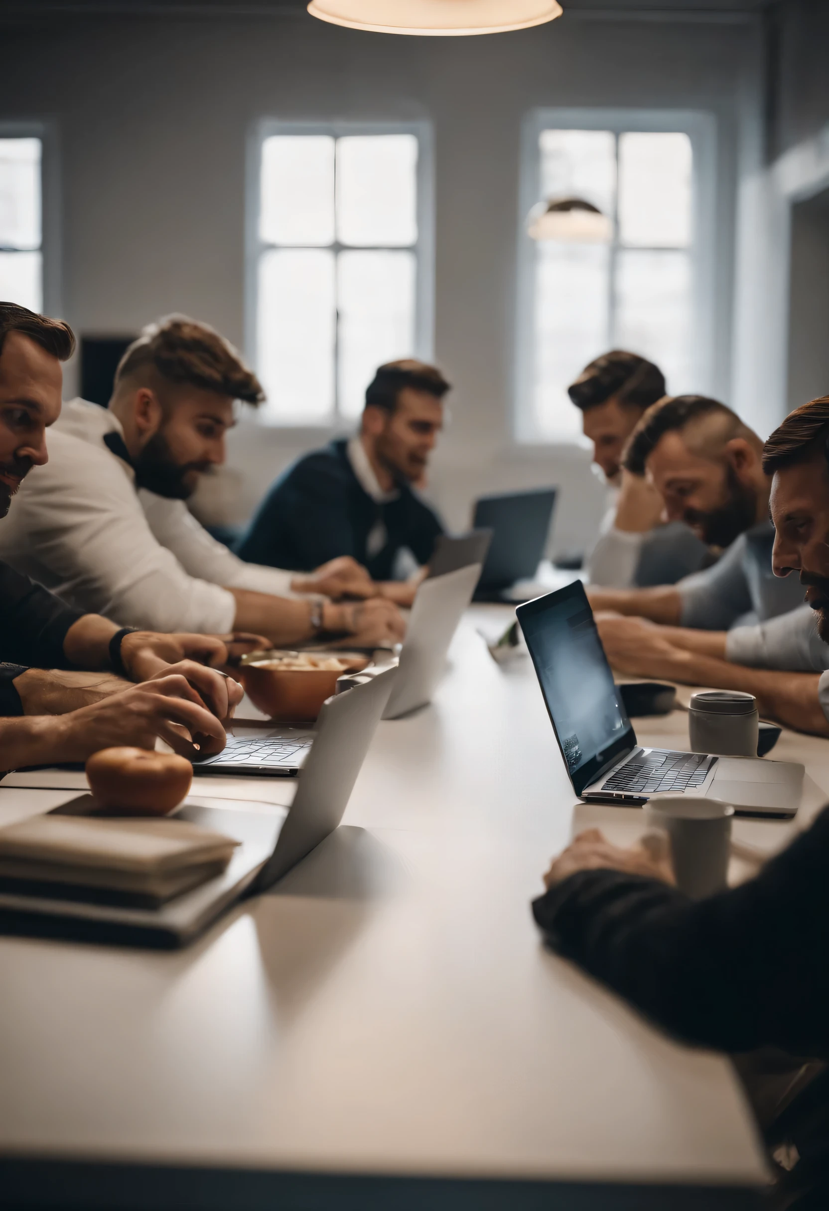foto de homens bunisses comendo carne em uma mesa branca com laptops e notebooks