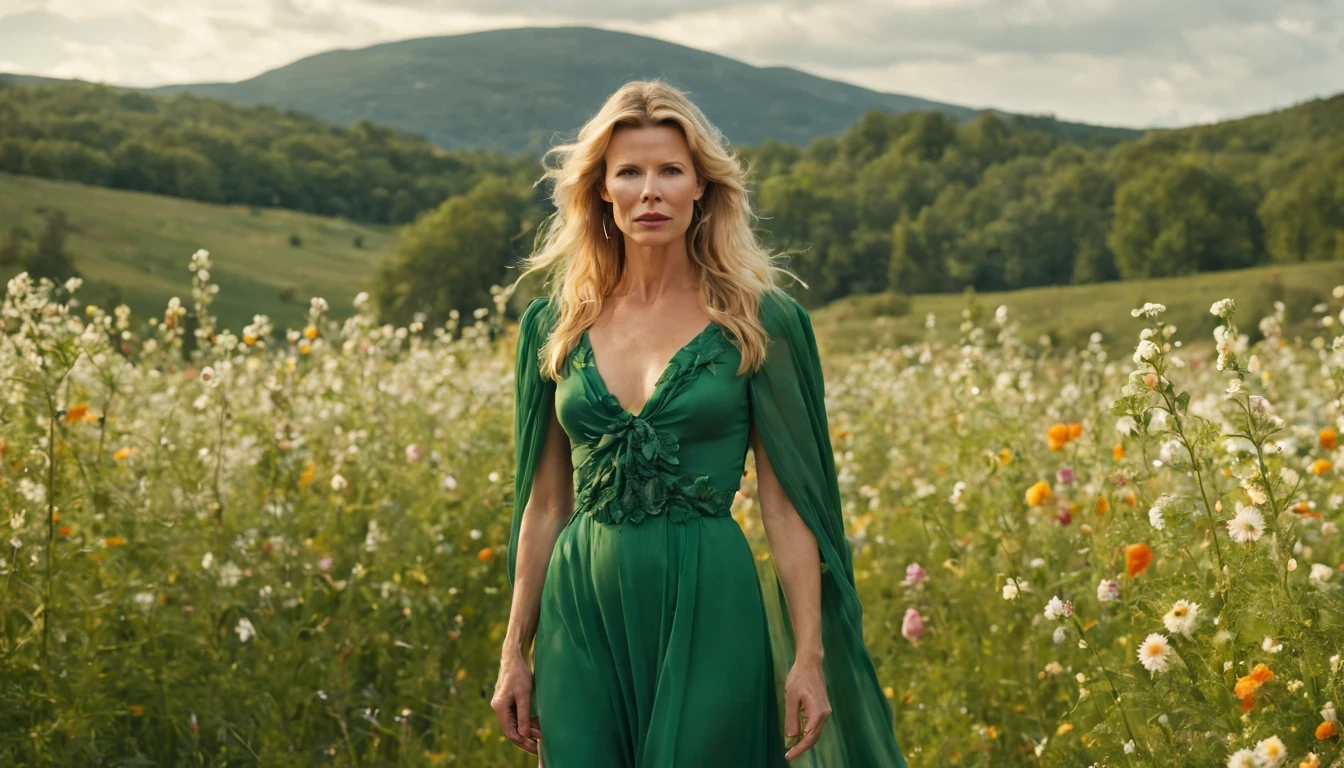 ****a beautiful blonde young woman "Kim Basinger com vestido Verde longo", is standing with flower explosion in the background, in the style of midsommar, fanciful, natural landscape , dreamlike imagery, captivating documentary photos, flowing fabrics, disintegrated, intricate --ar 146:79 --v 5.1 --style raw