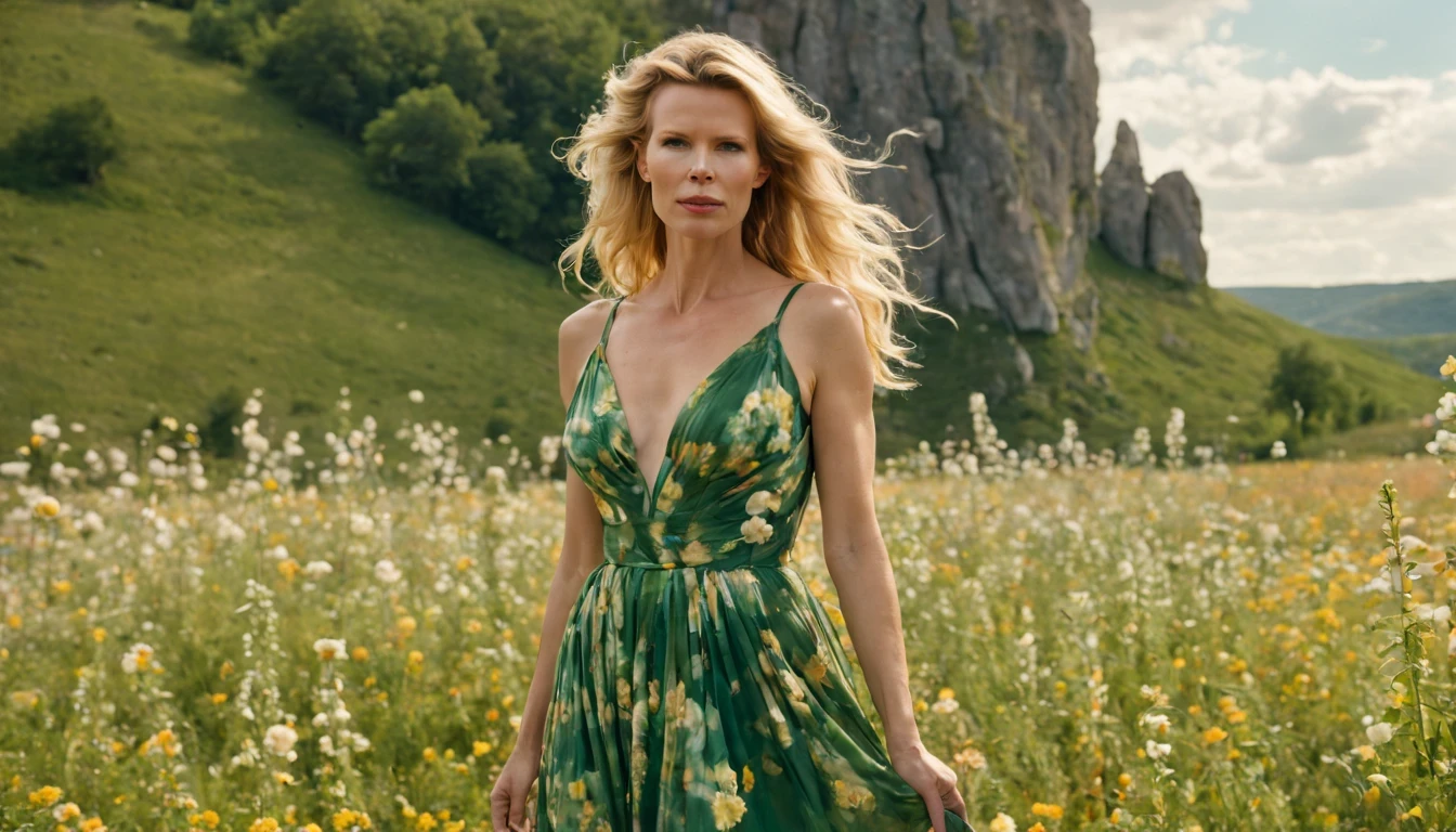 ****a beautiful blonde young woman "Kim Basinger com vestido Verde longo", is standing with flower explosion in the background, in the style of midsommar, fanciful, natural landscape , dreamlike imagery, captivating documentary photos, flowing fabrics, disintegrated, intricate --ar 146:79 --v 5.1 --style raw