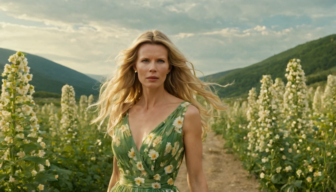 ****a beautiful blonde young woman "Kim Basinger com vestido Verde longo", is standing with flower explosion in the background, in the style of midsommar, fanciful, natural landscape , dreamlike imagery, captivating documentary photos, flowing fabrics, disintegrated, intricate --ar 146:79 --v 5.1 --style raw