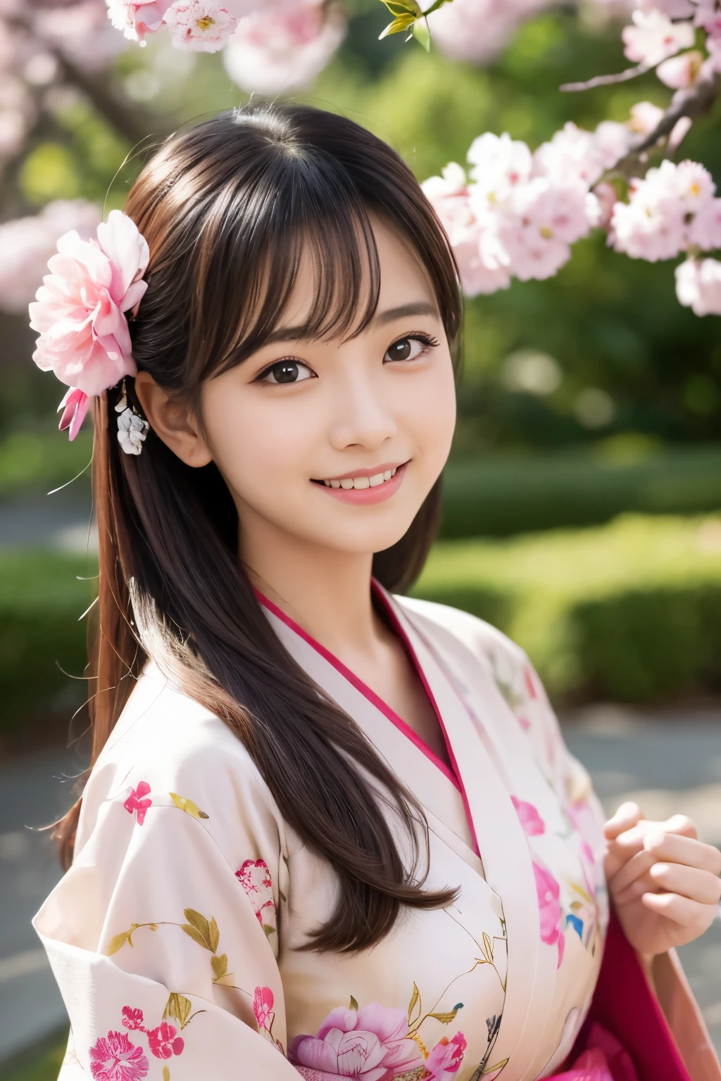 muste piece, best quality, 8K、(Golden Ratio Face、balanced eyes、very gentle eyelids)、double eyelid、beautiful nose、shy smile、lip gloss 、Very beautiful girl、Beautiful girl solo like a model、See photographer、Kimono with intricate patterns and traditional designs、detailed colors、Kimono with brightly colored patterns、Taken in front of a cherry tree、up hair 1.2、(((provocative pose、sexy pose)))