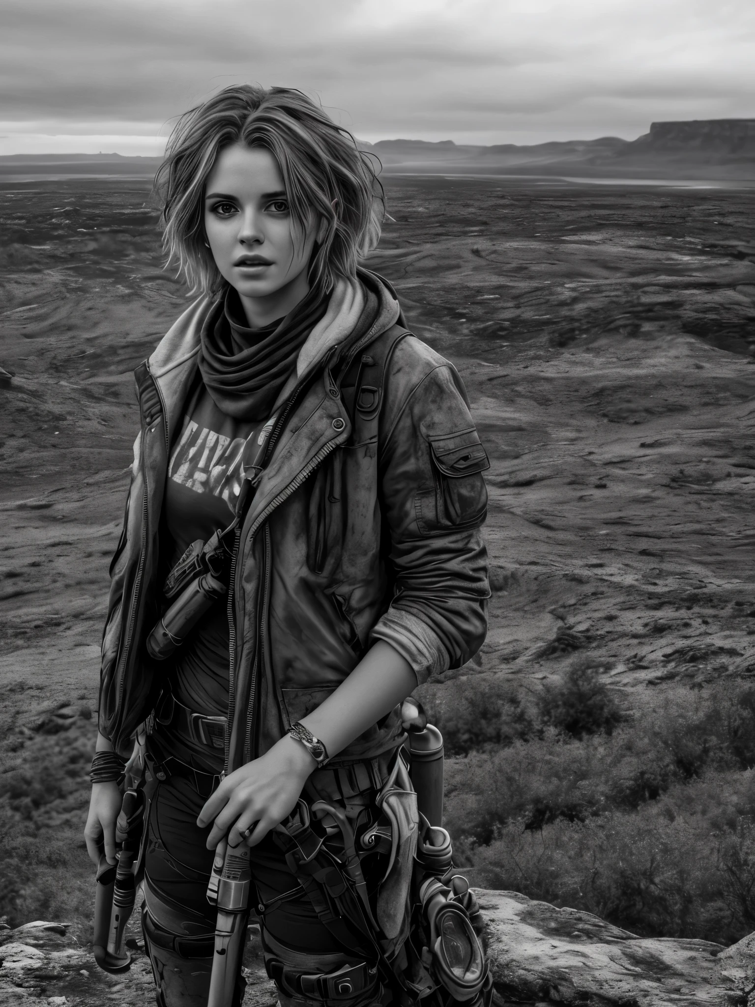 Photorealistic, masterpiece grayscale photo, woman with messy hair and poor minuscule postapocalyptic clothes, cute sexy, (detailed wastelands background), ultra sharp focus, detailed face, (((posing))), random hair color, short hair, beautiful eyes, full body, high quality black and white image