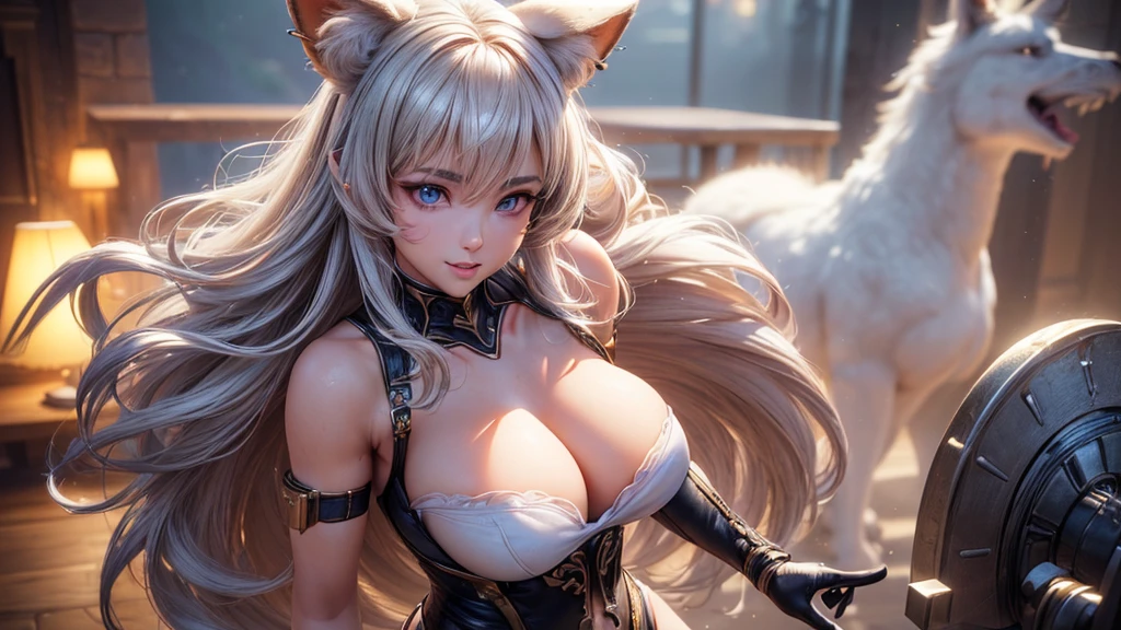 (Cinematic footage, full medium closeup, gorgeous 18-year-old kemonomimi woman soft pale skin, cute and youthful face, well-defined eyebrows, delicate nose, ultra-detailed: 1.1, photo-realistic: 1.4, depth of field, cinematic lighting, IMAX camera, HDR, DTM, Full HD, 8k, flared, medium breasts: 1.5, slim, smile, standing, 8K picture quality, sexy seduction, 4k, 8k, highres, best quality, plump and round lips: 1.4, realistic: 1.37 long, flowing: 1.1 luscious, plump: 1.1 sparkling sequins: 1.1 subtle, 0.9 soft, warm: 1.1 masterpiece: 1.2, realistic: 1.4, photo-realistic: 1.37, ultra-detailed: 1.1 busty animal ears, beautiful, detailed ears: 1.1 best quality, 4k, highres, masterpiece: 1.2 detailed, piercing eyes: 1.1 masterpiece: 1.2 very three-dimensional: 1.2, Unreal Engine 5, octane render), (beautiful ultra-detailed face, eyes, highly detail skin texture, high detailed skin, ultra-detailed body, bright and glowing skin: 1.1)
(Physical Rendering, Professional Lighting, Photon Mapping, Radiosity, Soft Light, Lens Reflection: 1.3), (best shadow), (3D: 0.5, realistic: 0.5, photo-realistic: 1.4), (Sharp focus: 1.5), (beautiful face, perfect face: 1.1), (eye makeup: 1.2), (tight body, fitness body: 1.2), (highest quality), (8k, best quality, masterpiece: 1.4), ((masterpiece, best)), (best illustration), (high detail: 1.1)
, (detailed Dungeons & Dragons background: 1.3)