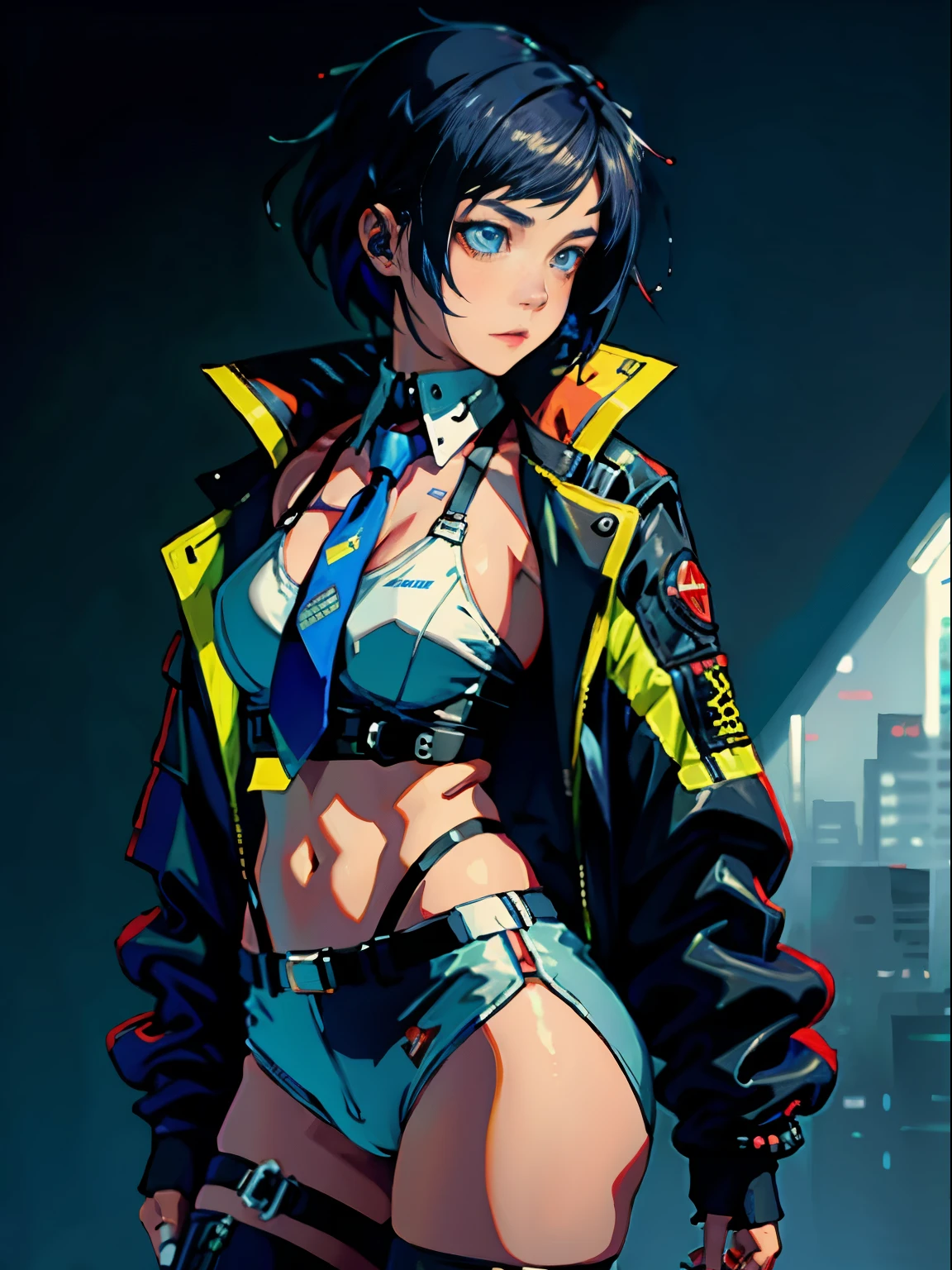 1 girl, cyberpunk style, open jacket, tie straps, vest, medium breasts, hands in the jacket, short mesh pants

no background, simple background, flat background, White background