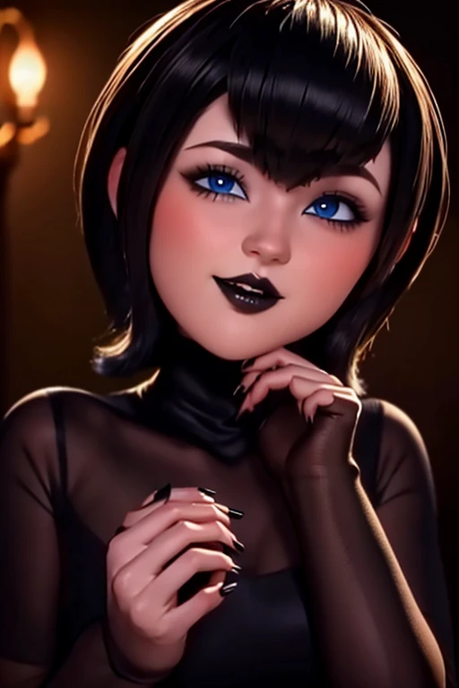 Mavis dracula gothic makeup short hair bob style thick voluminous lips perfect detailed blue eyes pale skin hands holding jaw long nails painted black polish perfect detailed