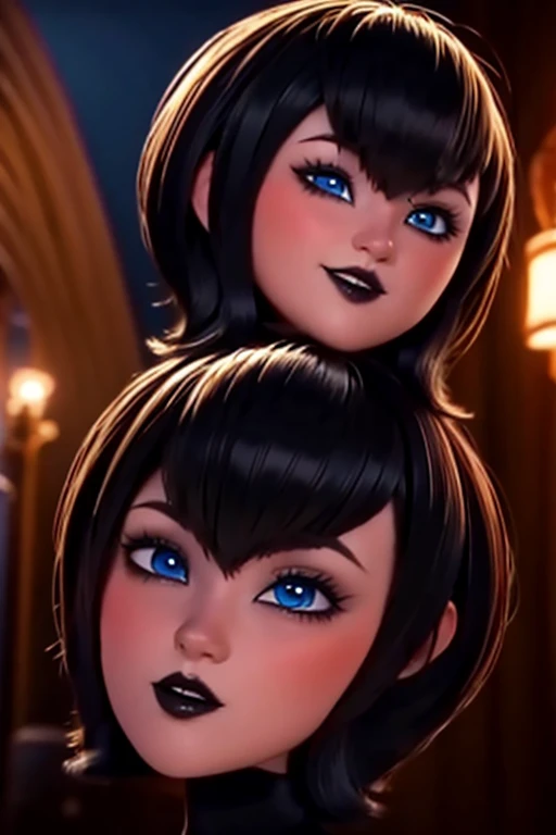 Mavis dracula gothic makeup short hair bob style thick voluminous lips perfect detailed blue eyes pale skin hands holding jaw long nails painted black polish perfect detailed 