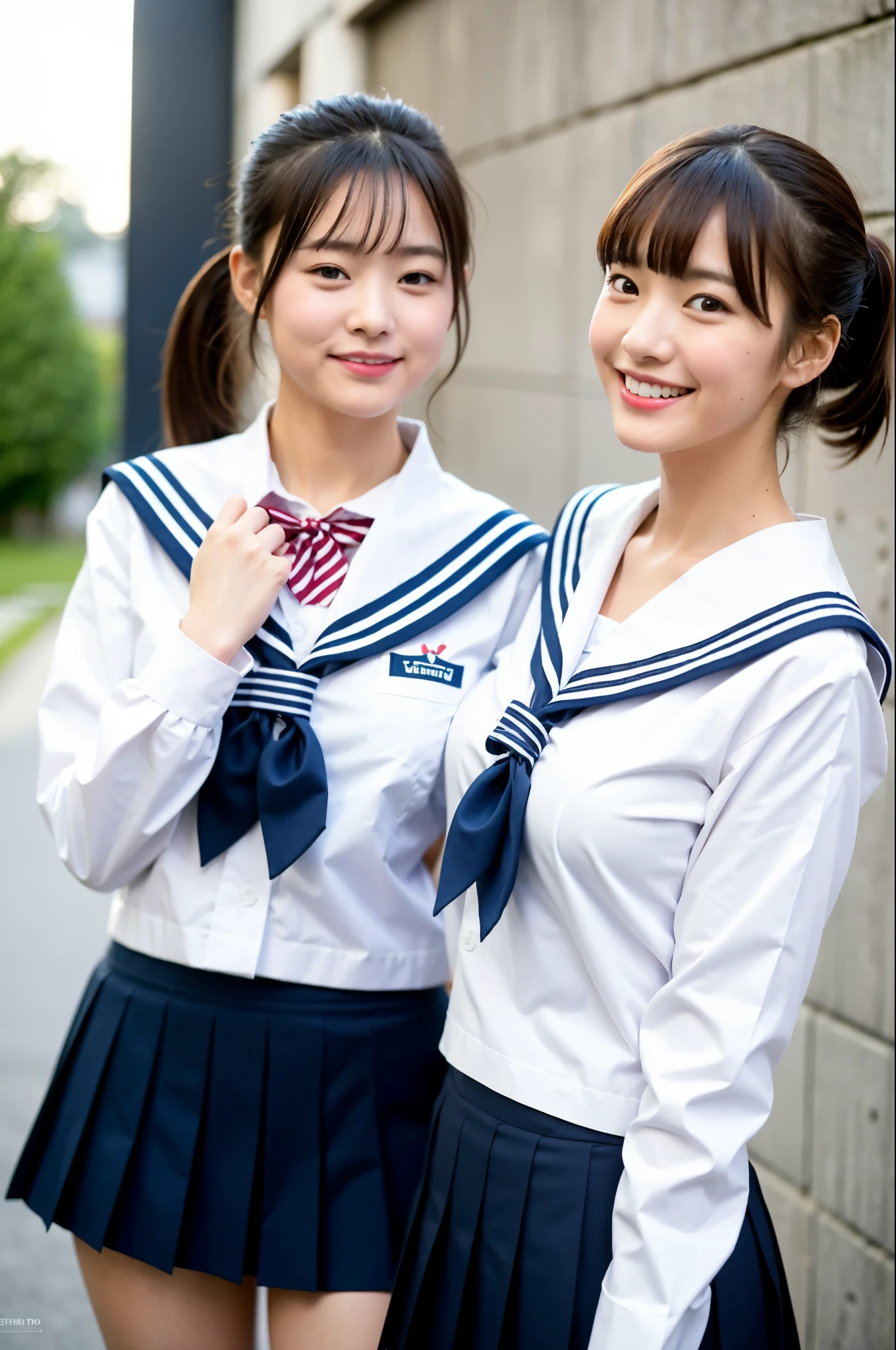 2 girls walking in school yard,long-sleeved white sailor shirt with red bow tie,white panties,navy blue pleated micro mini skirt,school bag,18-year-old,bangs,a little smile,thighs,knees,short cut hair,low ponytail,from below,front-lighting