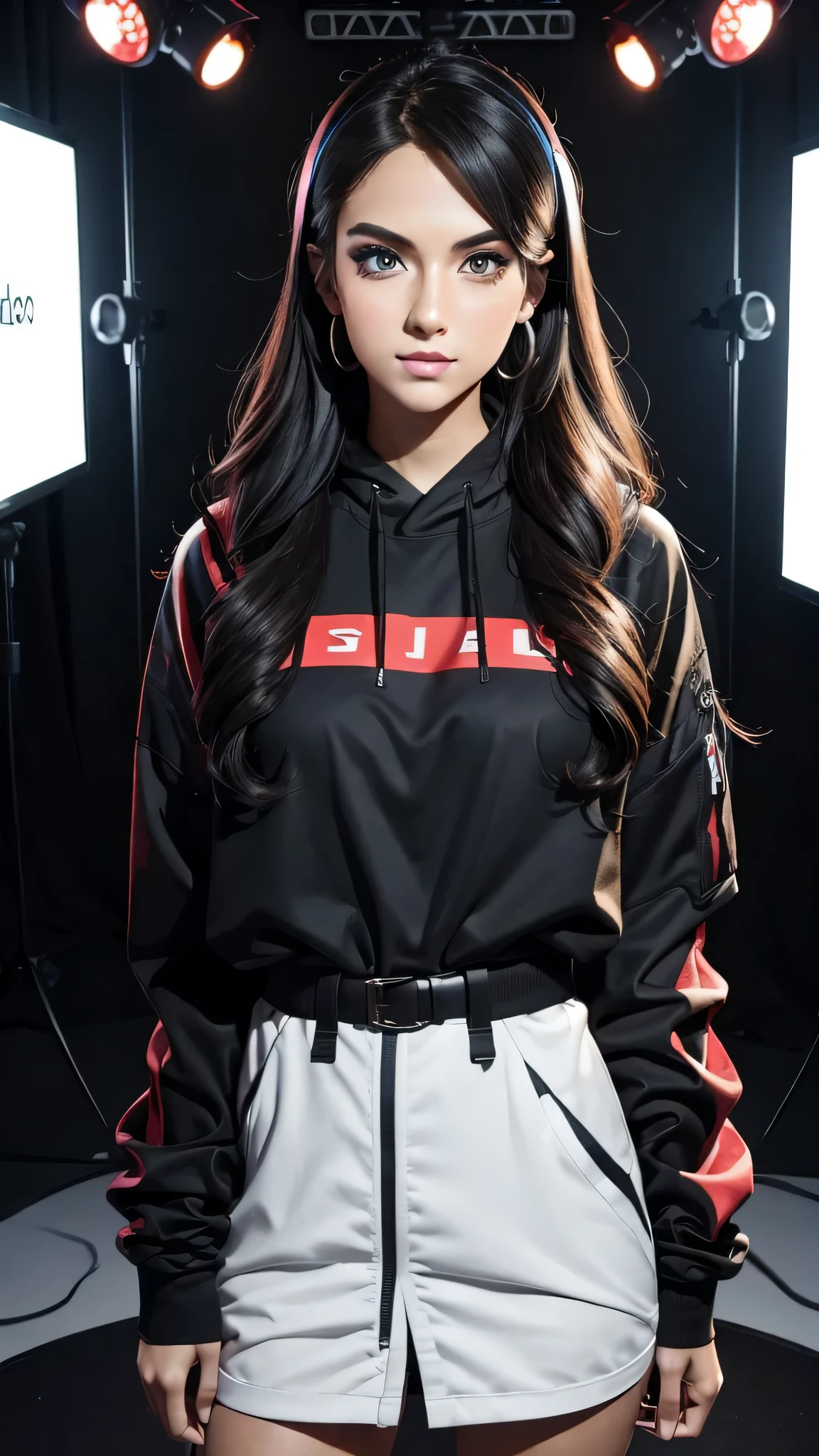 create a youtuber/streamer, extremely beautiful, unique, a mix of the most famous youtubers, the most important detail is to always repeat the same face, always repeat the same body proportions, and always repeat the same clothes, studio lighting, set in a very modern and beautiful four gamer