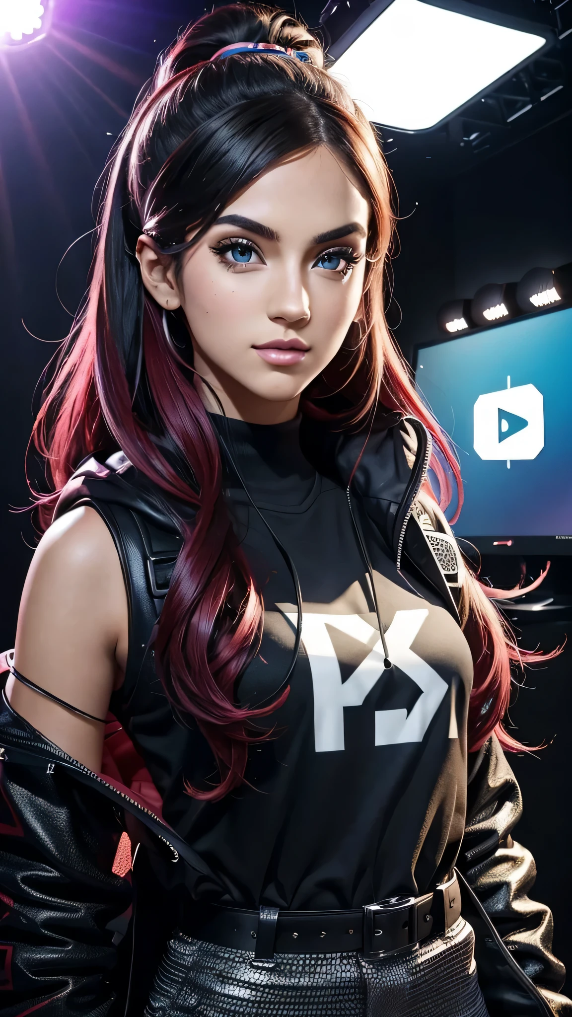 create a youtuber/streamer, extremely beautiful, unique, a mix of the most famous youtubers, the most important detail is to always repeat the same face, always repeat the same body proportions, and always repeat the same clothes, studio lighting, set in a very modern and beautiful four gamer