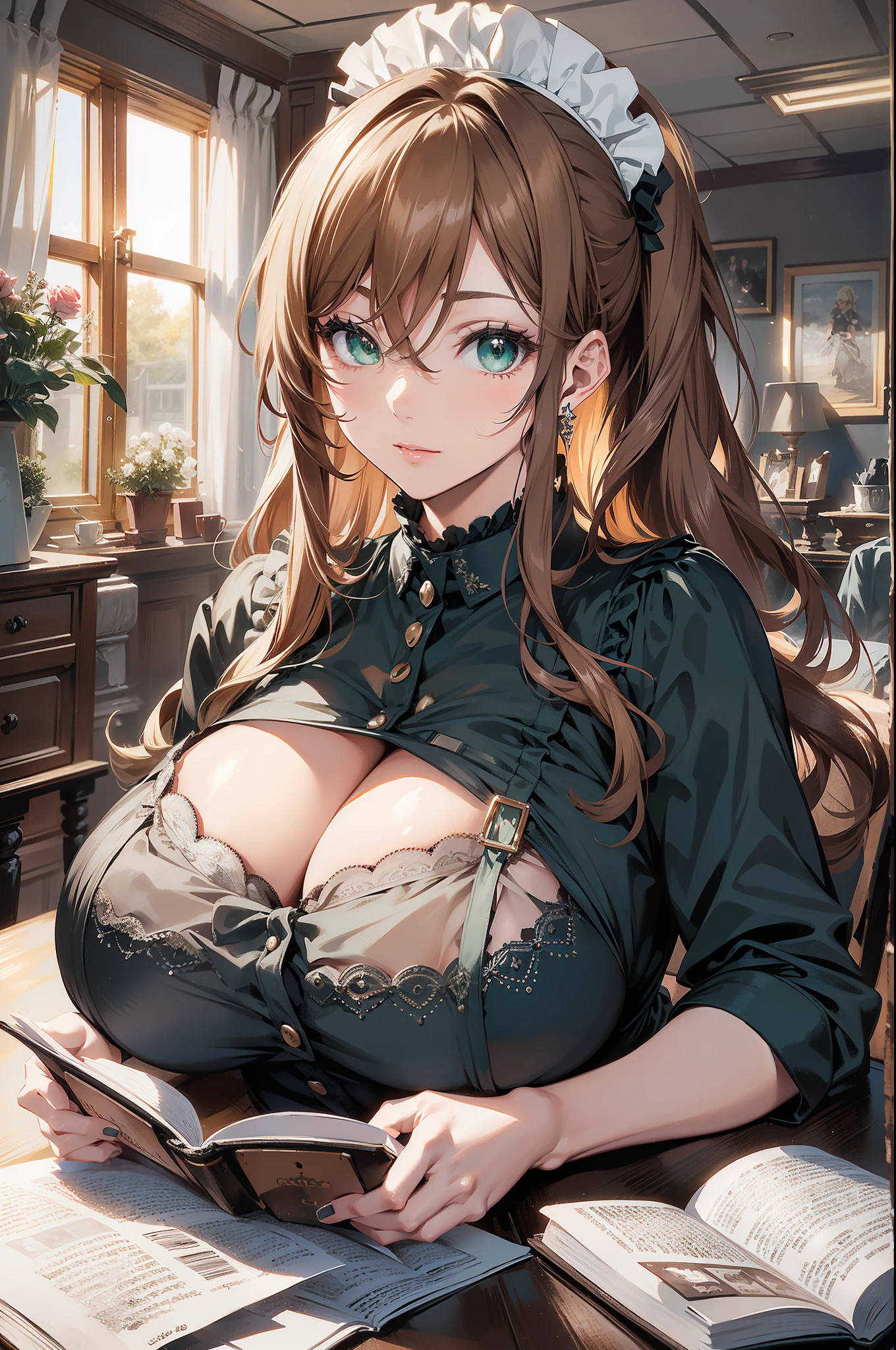 1 woman, maid, adult, tall, height (1.8p), mature, age around 25 years old, mature adult body, ski body, masterpiece, 8K, high resolution, long hair, blonde hair, straight hair with curled ends, high resolution, ultra clear, 8K, slightly mature face, light smile, chiseled chin, chin well proportioned to the body, perfect face, detailed face, extremely feminine face, green eyes, emerald eyes, detailed eyes (almost realistic), eyes with good anatomy, well-proportioned eyes, masterpiece, looking at the viewer, human, pose with hands in front, at attention, delicate hands, perfect hands, well-aligned hands, well-developed thighs, well-shaped thighs proportioned to the body, above average breasts, perky breasts, firm (hard) breasts, promotional breasts for the body, perfect waist, erect waist, well proportioned (aligned) waist, natural hips, above average butt, firm butt, curvy butt , beautiful butt maid costume proportionate to the body, maid costume (French), maid costume with ruffles, wide skirt below the knees, black ruffle, white maid headdress, black maid apron, ruffled apron, unconventional maid, stockings, high heels, high heels, garter belt, scene in a bedroom, in front of a window, looking at the dawn,