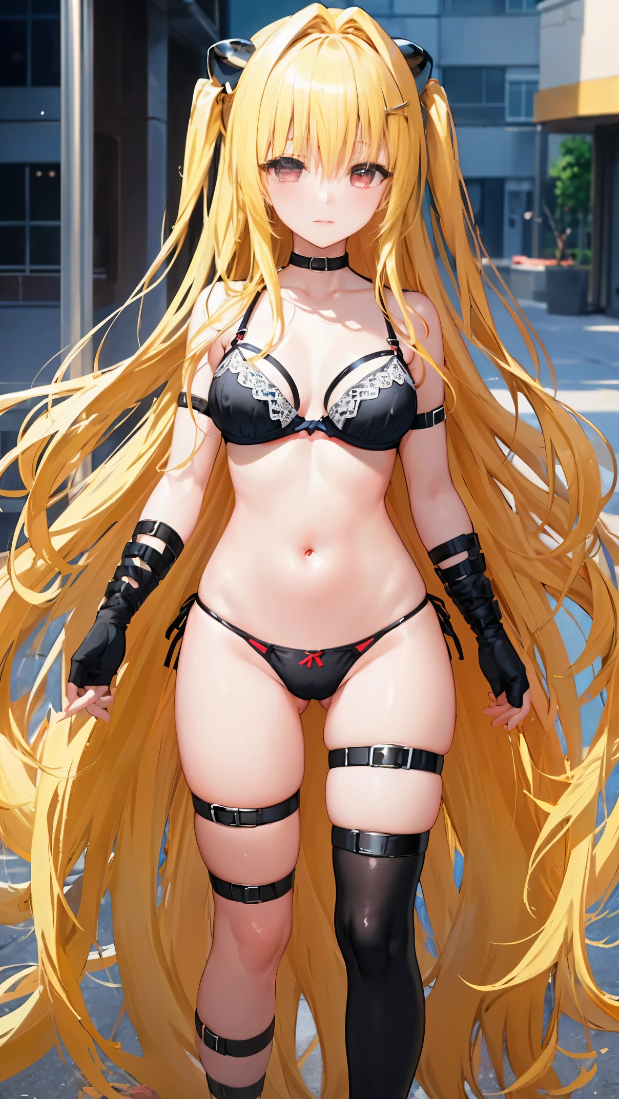 (masterpiece:1.6, highest quality), (Beautiful detailed eyes: 1.2), phyami, yamisch, 1 girl, long hair, alone, hair ornaments, hair between eyes, two side up, blonde hair, very long hair, red eyes, thigh strap, ((black bra、black panties)) two side up, hair ornaments, knee high
,