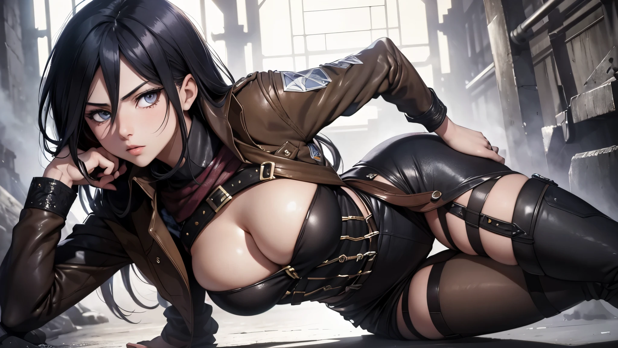 (best quality,ultra-detailed,realistic:1.37),fantasy portrait,charcoal drawing,dramatic lighting,vibrant colors,wide-eyed girl Mikasa Ackerman from anime "Attack on Titan",expressive lips,detailed facial features,confident expression,powerful stance,enchanted forest background,dynamic perspective,sharp focus,fierce wild-like hair,]"sexy" girl model[,[18-year-old],rebellious attitude,provocative pose,exquisite attention to clothing details,thigh-high boots,[colorful tattoos],mysterious aura,Eagle flying in the distance