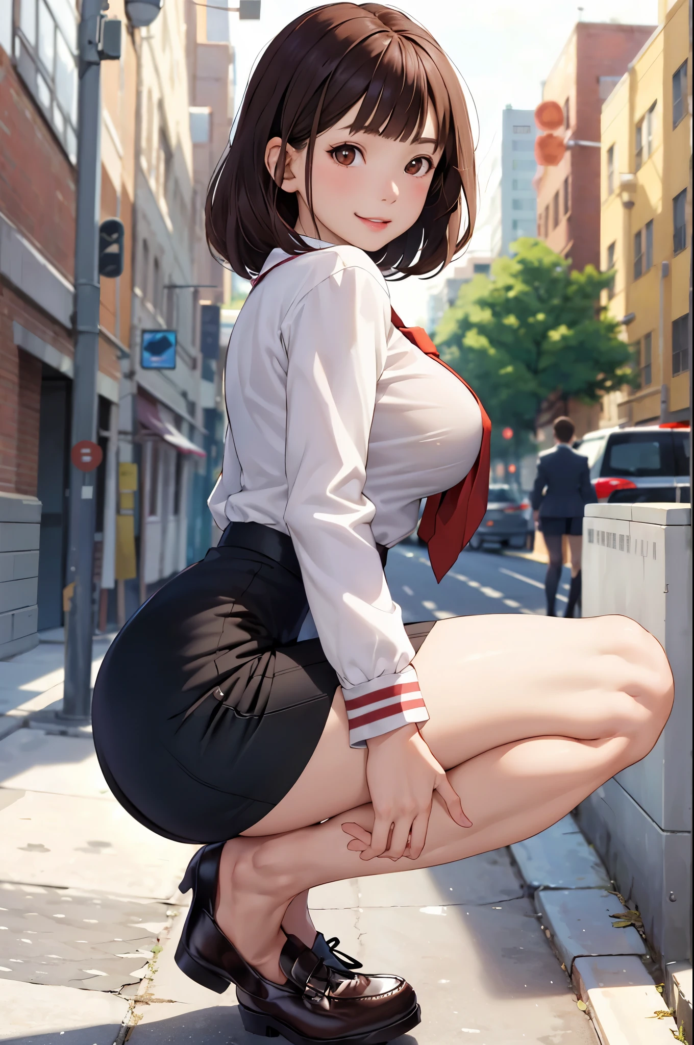 masterpiece, best quality,1girl,young girl,brown eyes,long hair,evil smile,shiny skin,(nice leg line:1.3),thin waist,huge breasts
BREAK
school uniform,necktie,((pencil skirt)),flat shoes
BREAK
park,crowd,depth of field,looking at viewer,squatting,from side,upper body,legsupsexms