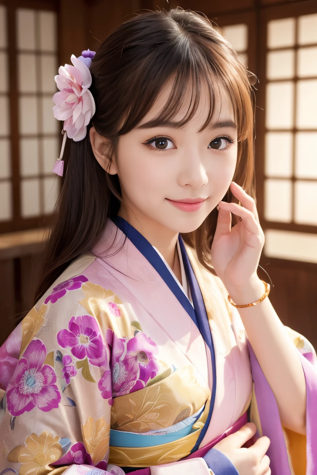 muste piece, best quality, 8K、(Golden Ratio Face、balanced eyes、very gentle eyelids)、double eyelid、beautiful nose、shy smile、lip gloss 、Very beautiful girl、Beautiful girl solo like a model、See photographer、Kimono with intricate patterns and traditional designs、detailed colors、Kimono with brightly colored patterns、up hair 1.2、(((provocative pose、sexy pose)))、snow country、Snowy landscape