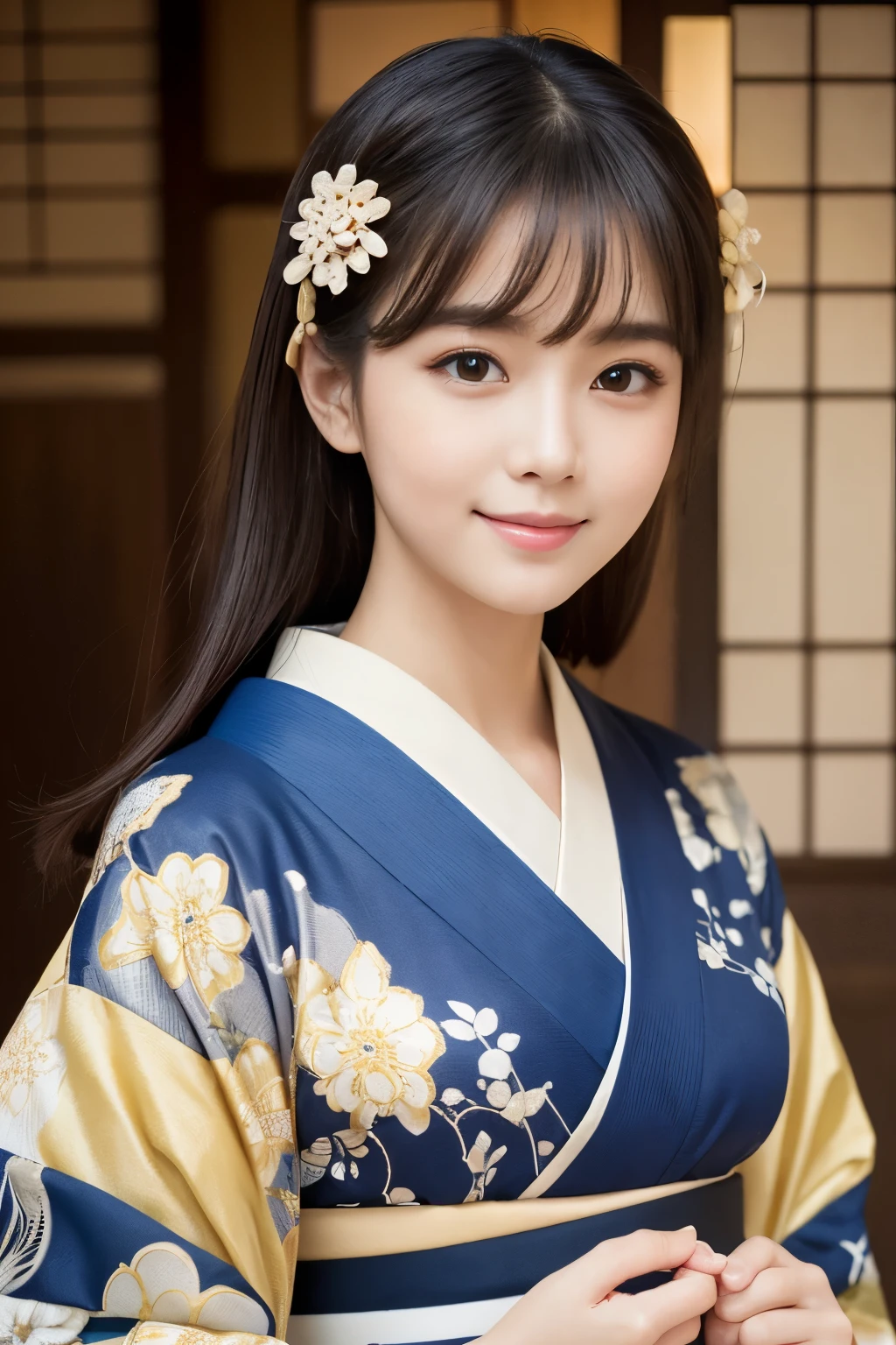 muste piece, best quality, 8K、(Golden Ratio Face、balanced eyes、very gentle eyelids)、double eyelid、beautiful nose、shy smile、lip gloss 、Very beautiful girl、Beautiful girl solo like a model、See photographer、Kimono with intricate patterns and traditional designs、detailed colors、Retro modern Japanese clothing、retro modern kimono