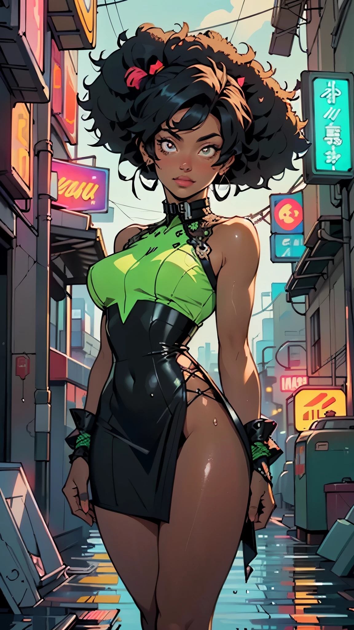 girl spacepunk,(((1girl))),((cute and beautiful afro haired girl)),((((black race)))),
(large breasts:1.4),saggy breasts,((((black afro hair:1.35,((afro hair:1.35)),afrohair,afro:1.35,dark hair,black hair,Double hair bun:1.3)))),medium hair,((heterochromia:1.5, (yellow_eye and red_eye))),intricate eyes,beautiful detailed eyes,symmetrical eyes,((fat)),((((tan,dark skin,black skin:1.35,dark-skinned_female,dark skin:1.3,ebony skin,lustrous skin:1.5,bright skin: 1.5,shiny skin,very shiny skin,shiny body,illuminated skin,wet legs)))),(spider lower abdomen,narrow waist,wide hip,athletic body,inflated legs, thick thighs),(((detailed face))),
cute,slutty,sensual,seductive look,seductive,erotic,enchanting,((nsfw)),
revealing clothing,show skin,(((neon green fishnet dress))),((slave collar)),(((wet clothes,intricate outfit,intricate clothes))),
(dynamic pose:1.0),solo focus,embarrassed,(centered,scale to fit dimensions,Rule of thirds),
cyberpunk city by the ocean at night, with bright neon signs and dark stormy clouds and puddles, scenery:1.25,nighttime, starry night, cosmos,Very dark night that makes the neon lights stand out, very bright neon lights,
artistic photography,(photography taken by sldr),highres, sharp focus,(ultra detailed, extremely detailed), (photorealistic artwork:1.37),(extremely detailed CG unity 8k wallpaper),((synthwave background theme)),(((vibrant colors))),intricate,(intricate background),(masterpiece),(best quality),perfect rendered face,perfect face details,realistic face,photo realistic,analog style,((intricate detail)),(((realism))),