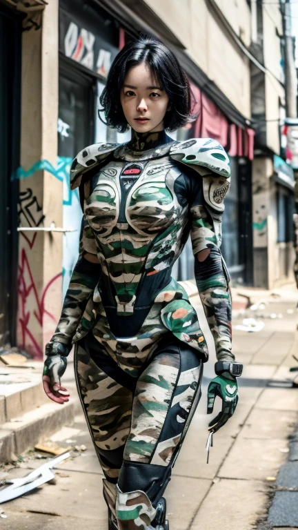Extremely detailed CG unity 32K wallpaper, top quality, masterpiece, raw photo, photorealistic, highest resolution, professional photo, dynamic, cinematic lighting, (cyberpunk:1.4), sharp focus, depth of field, (perfect body, correct anatomy:1.5), intricately detailed face, POV, (from front:1.3), 1 girl, (female soldier:1.4), Japanese woman, solo, cowboy shot, black hair, very short hair, ultra-realistic skin, (round and slim outline of the face:1.3), (innocent face:1.1), ((narrow and dark eyes:1.2)), beautiful nose and lips, expressionless, (combat uniform:1.5), ((camouflaged, gigantic exoskeleton equipped with large laser canon:1.5)), ((perfect body proportion:1.4)), slender, beautiful breast, highly armored body, (((mechanical outfit:1.2))), female soldier in military operation, (((walking:1.1))), (((outdoor, vandalized buildings, daytime:1.3)))